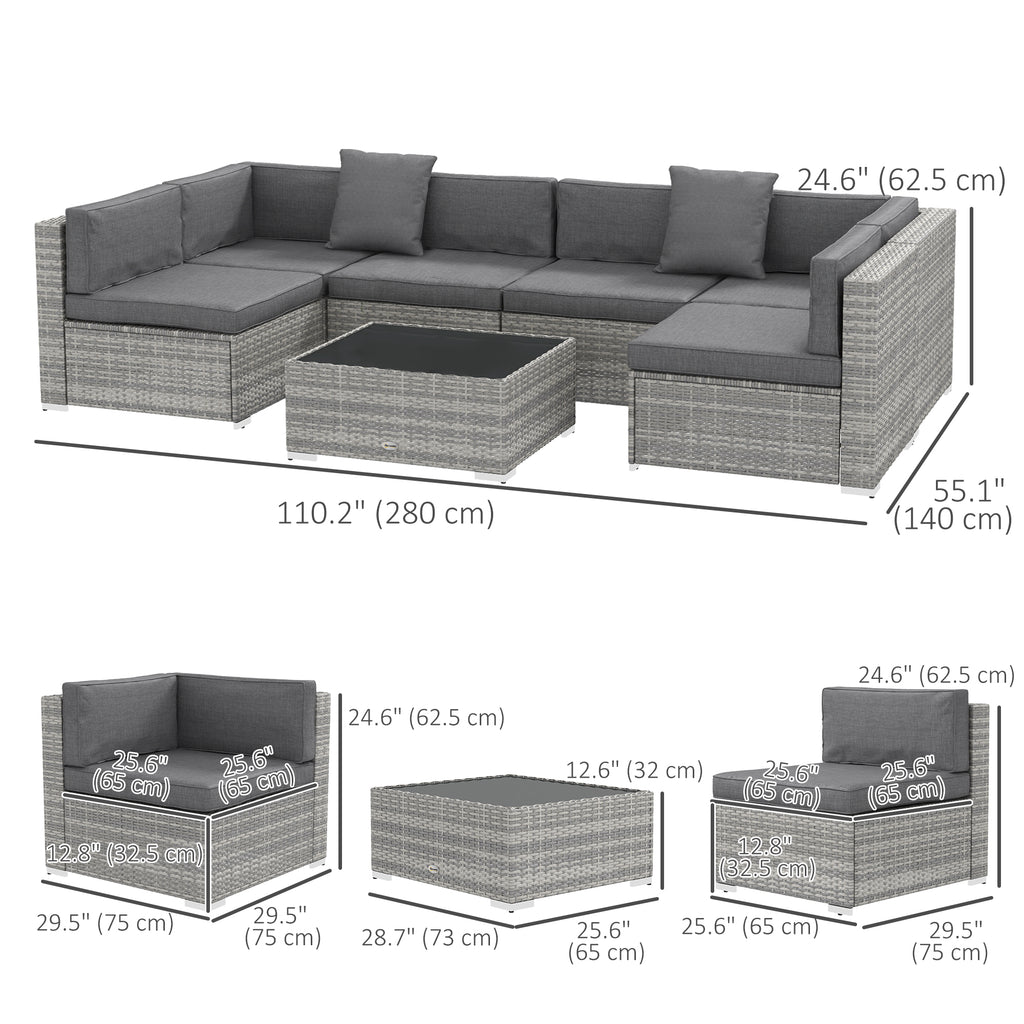7 Pieces Patio Furniture Set, Rattan Conversation Set Garden Wicker Sofa Set with Washable Cushions and Coffee Table, Grey