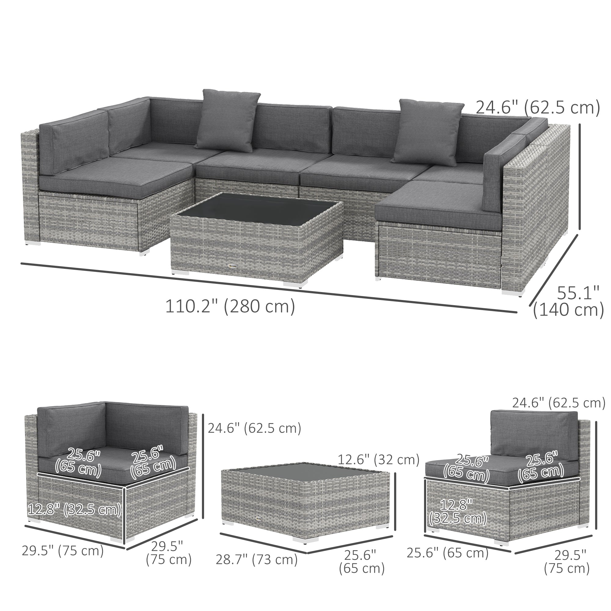 7 Pieces Patio Furniture Set, Rattan Conversation Set Garden Wicker Sofa Set with Washable Cushions and Coffee Table, Grey
