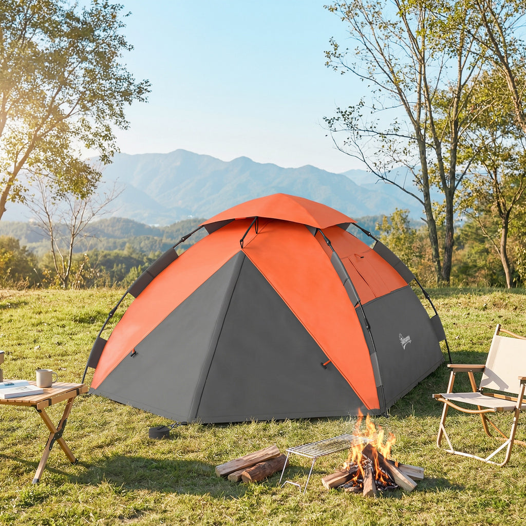 Pop up Camping Tent, 3-4 Man Family Tent, 3000mm Waterproof, with Carry Bag and Top Hook, Dark Grey and Orange