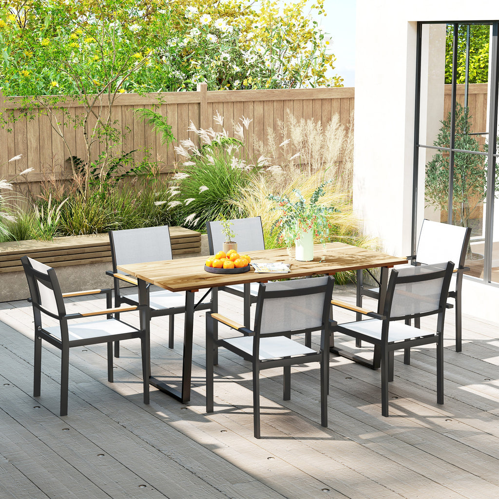 Wooden Outdoor Dining Table for 6 with 2" Umbrella Hole, Slatted Tabletop, Metal Frame, for Yard, Deck, Lawn