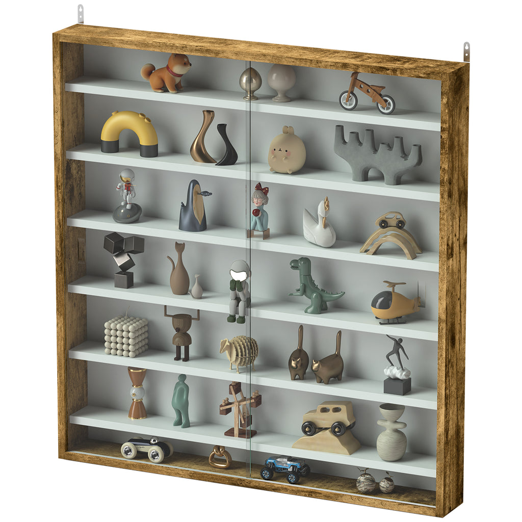 7-Tier Display Cabinet, Shot Glass Display Case, Glass Curio Cabinet with 2 Glass Doors and 6 Adjustable Shelves, Rustic Brown