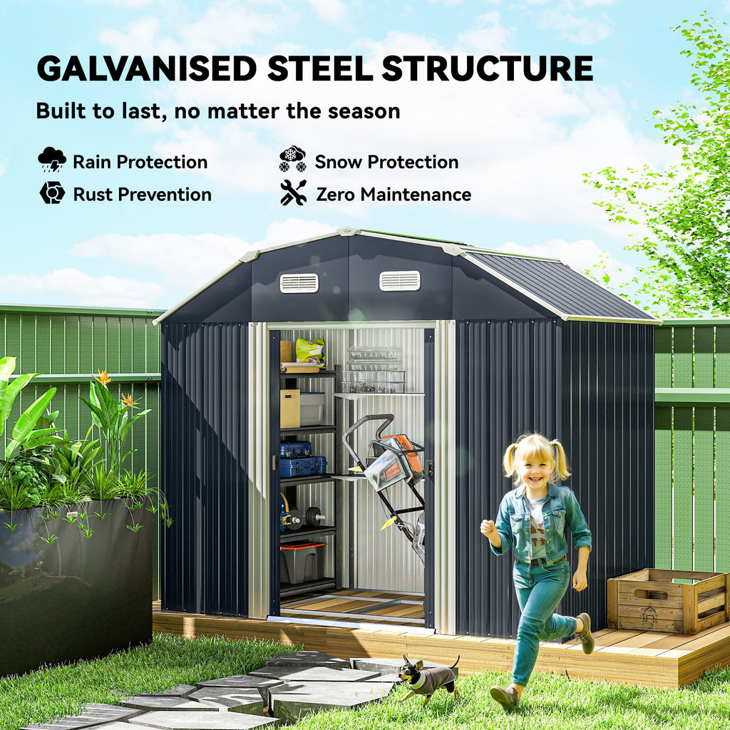 8' x 4' Galvanized Outdoor Storage Shed, Garden Shed with Adjustable Shelves, Double Sliding Doors and Vents