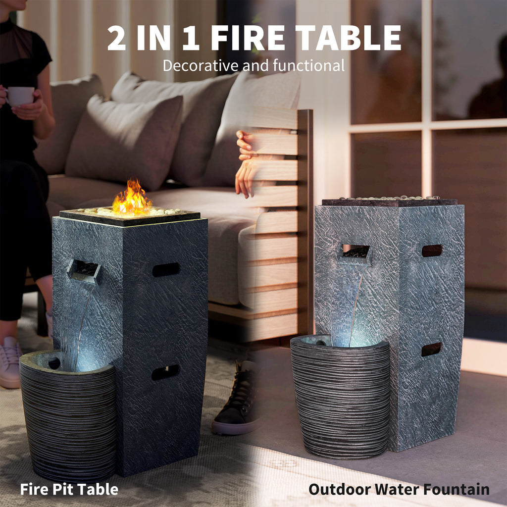 16.5" x 11" x 22.4" Propane Fire Pit Table with Fountain, 15000 BTU Outdoor Gas Fire Table with LED Light Adjustable Water Flow, Fire Fountain Water with Glass Rocks, Grey