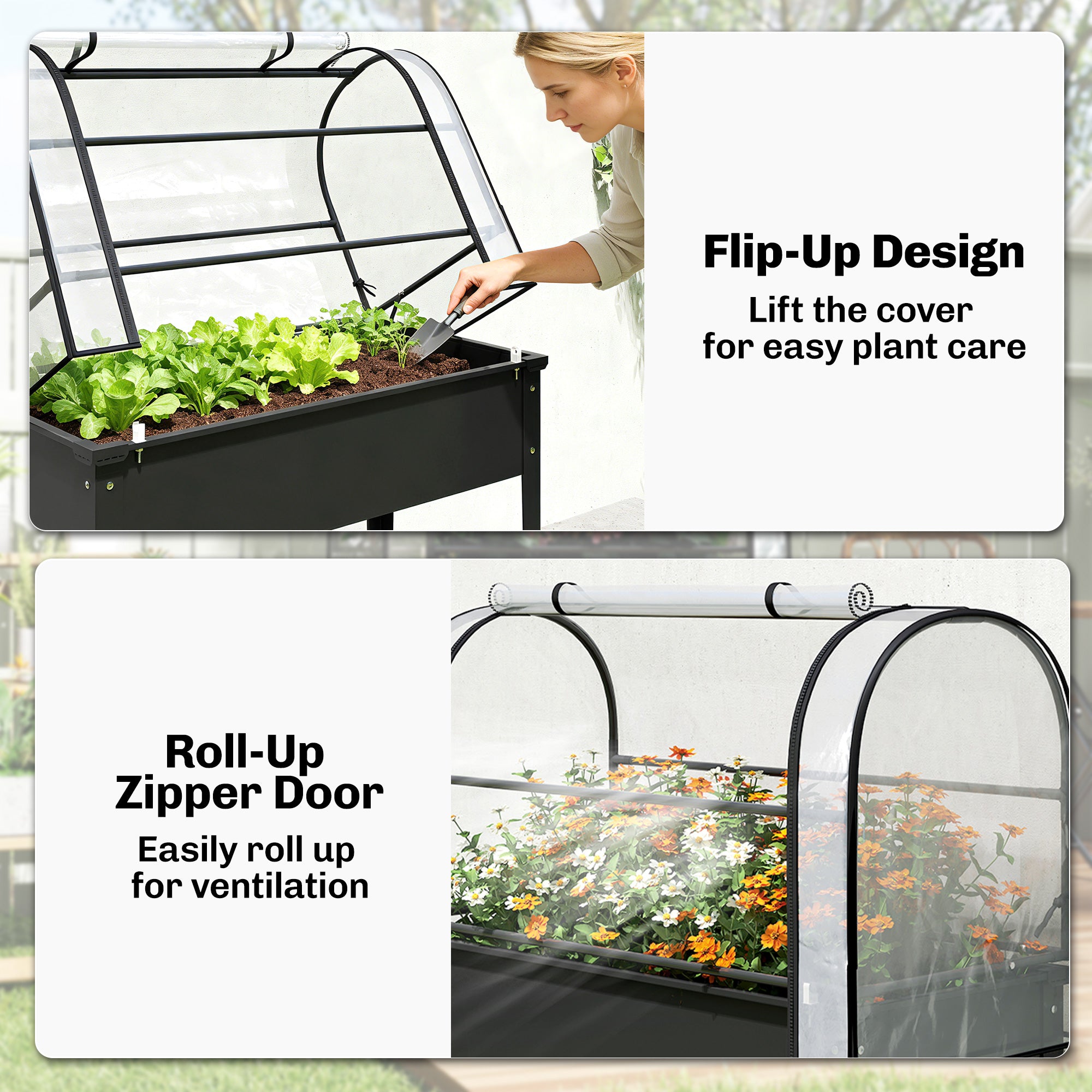 Raised Garden Bed with Flip-Up Greenhouse Cover, Metal Elevated Garden Bed with Legs and Drainage Hole, Black