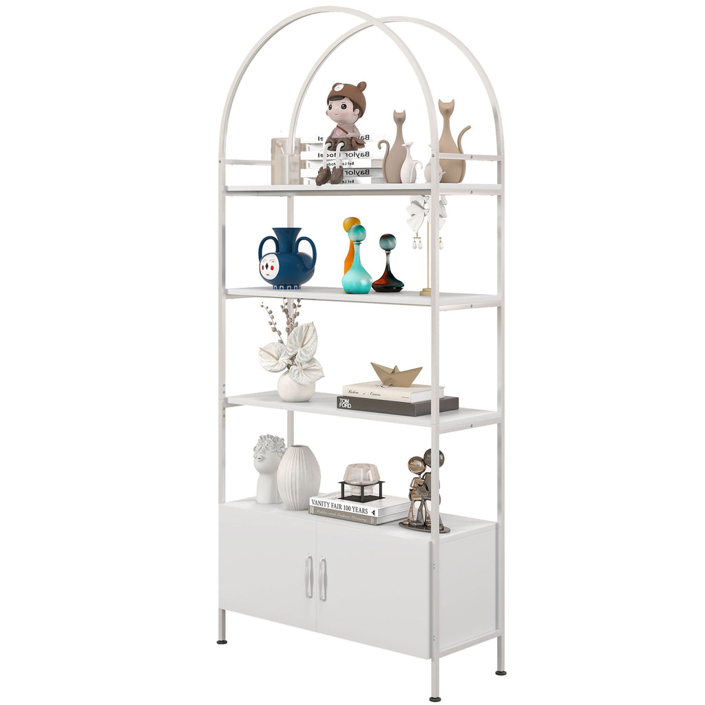 4-Tier Arched Shelving Unit with Cabinet, Bookshelf for Living Room, Office, 31.5" x 11.8" x 73.6", White