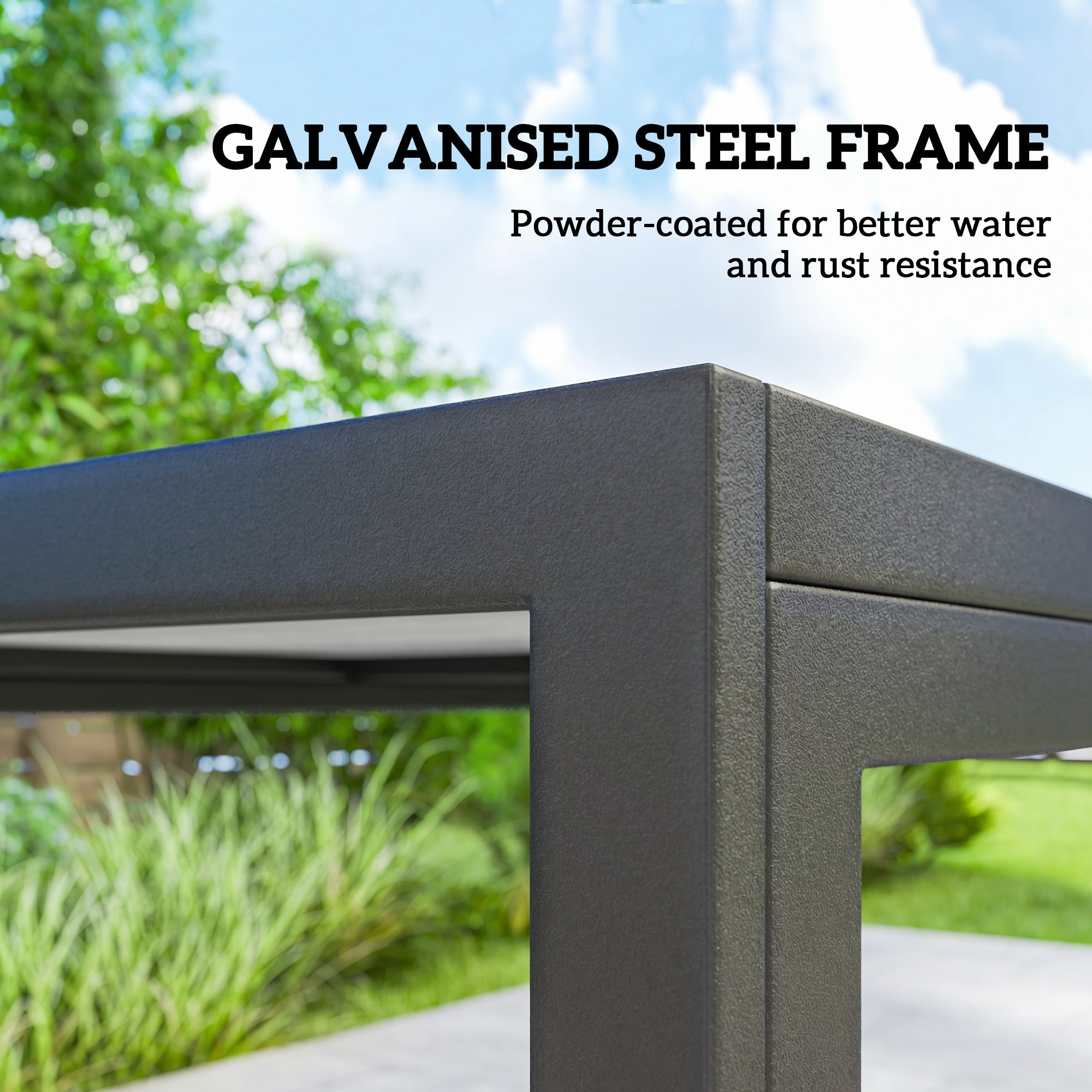 Outdoor Dining Set for 6, Faux Wood Patio Table and Chairs with Breathable Mesh Seat, Galvanized Steel Frame, Black