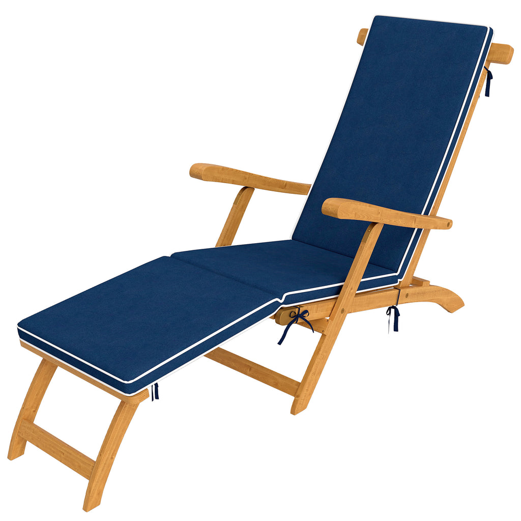 Folding Patio Lounge Chair with Padded Cushion, Acacia Wood Patio Lounger Recliner with Footrest for Garden, Navy Blue