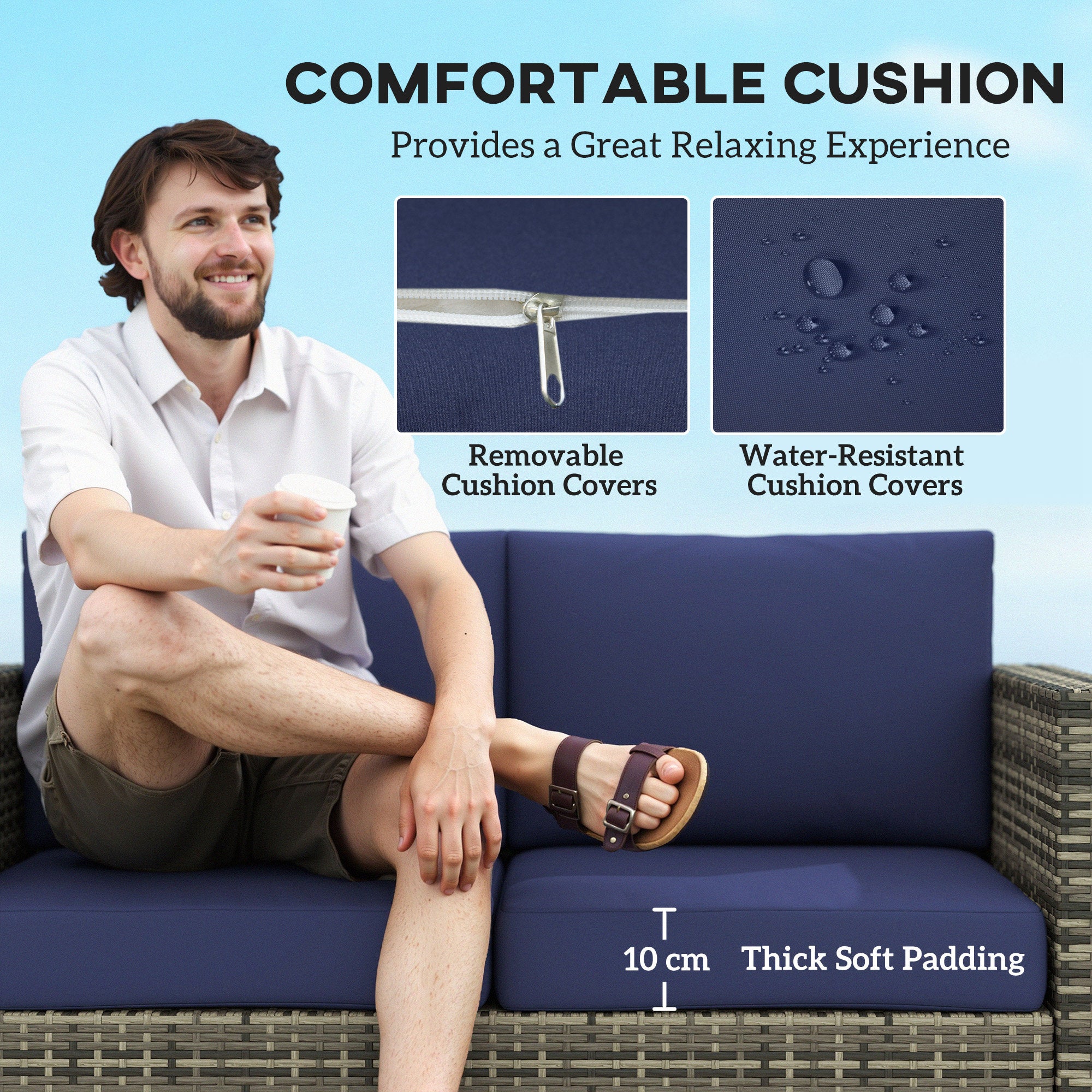 Wicker Outdoor Sofa, All Weather Patio Couch Loveseat with Cushions for Balcony, Deck, Garden, Poolside, Dark Blue