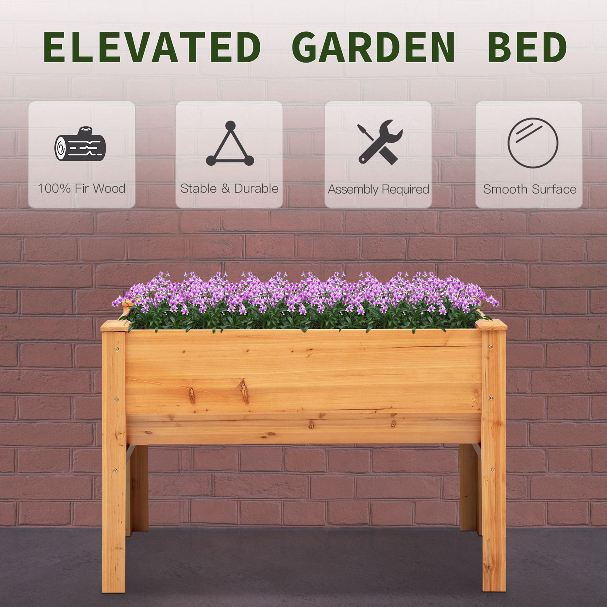 Wooden Raised Garden Plant Stand Outdoor Tall Flower Bed Box with Hooks, 48" x 24" x 32", Nature Wood