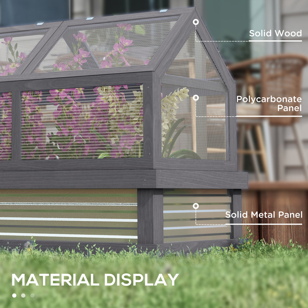 Raised Garden Flower Bed Kit with Greenhouse, Wooden Cold Frame Planter with Open Roofs, 48" x 24" x 32", Grey