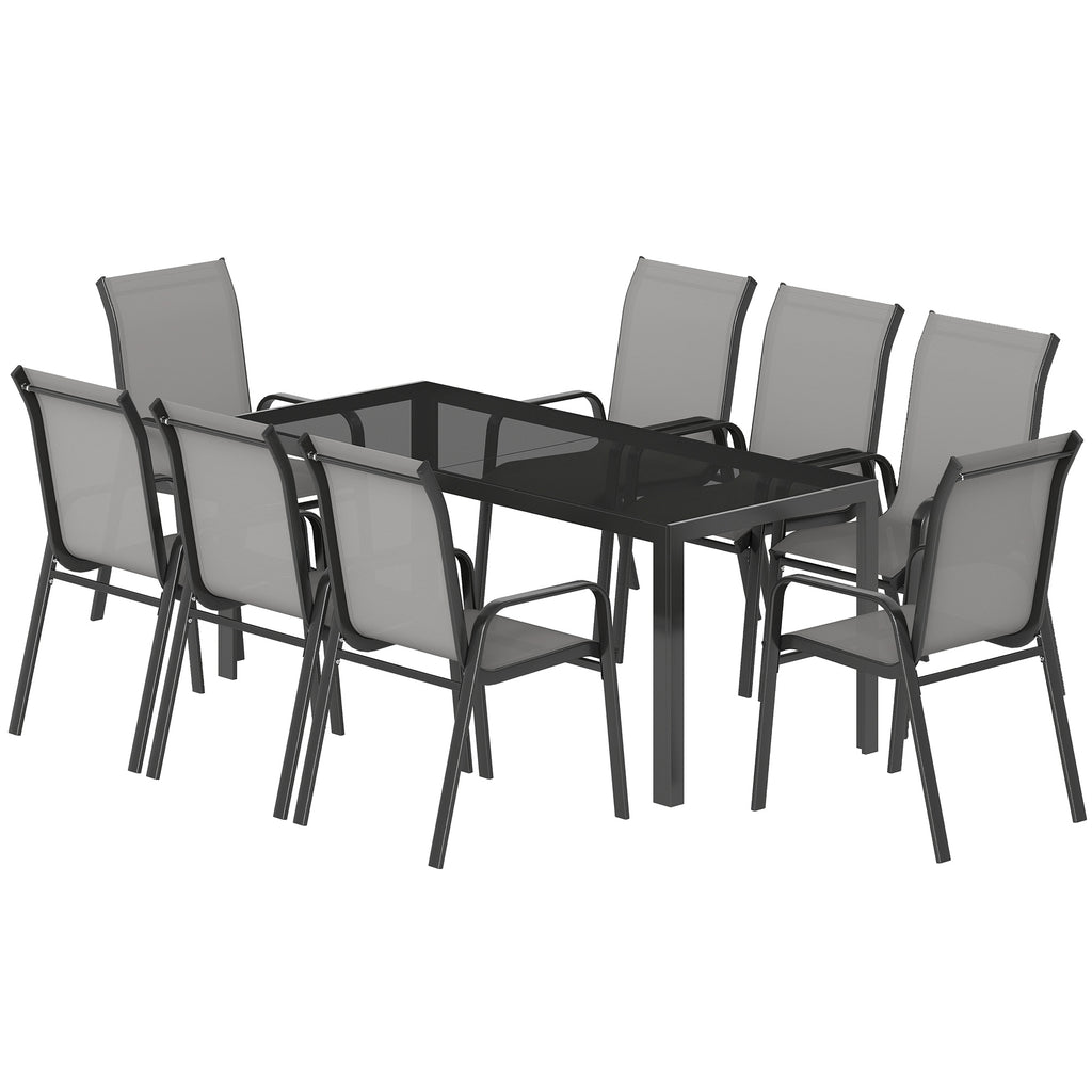 9 Pieces Patio Set with Stackable Chairs, Patio Dining Set with Glass Top for Garden, Patio, Backyard, Light Grey