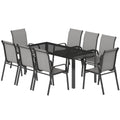 9 Pieces Patio Set with Stackable Chairs, Patio Dining Set with Glass Top for Garden, Patio, Backyard, Light Grey