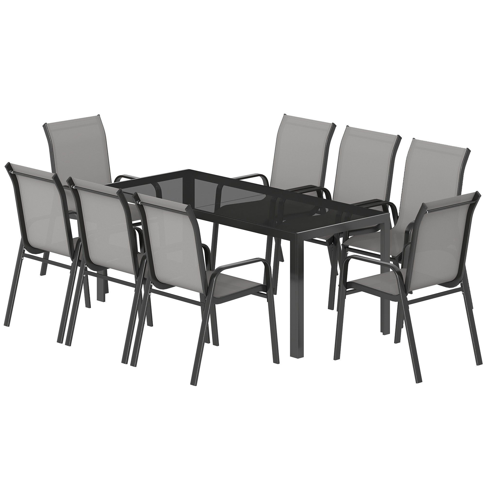 9 Pieces Patio Set with Stackable Chairs, Patio Dining Set with Glass Top for Garden, Patio, Backyard, Light Grey