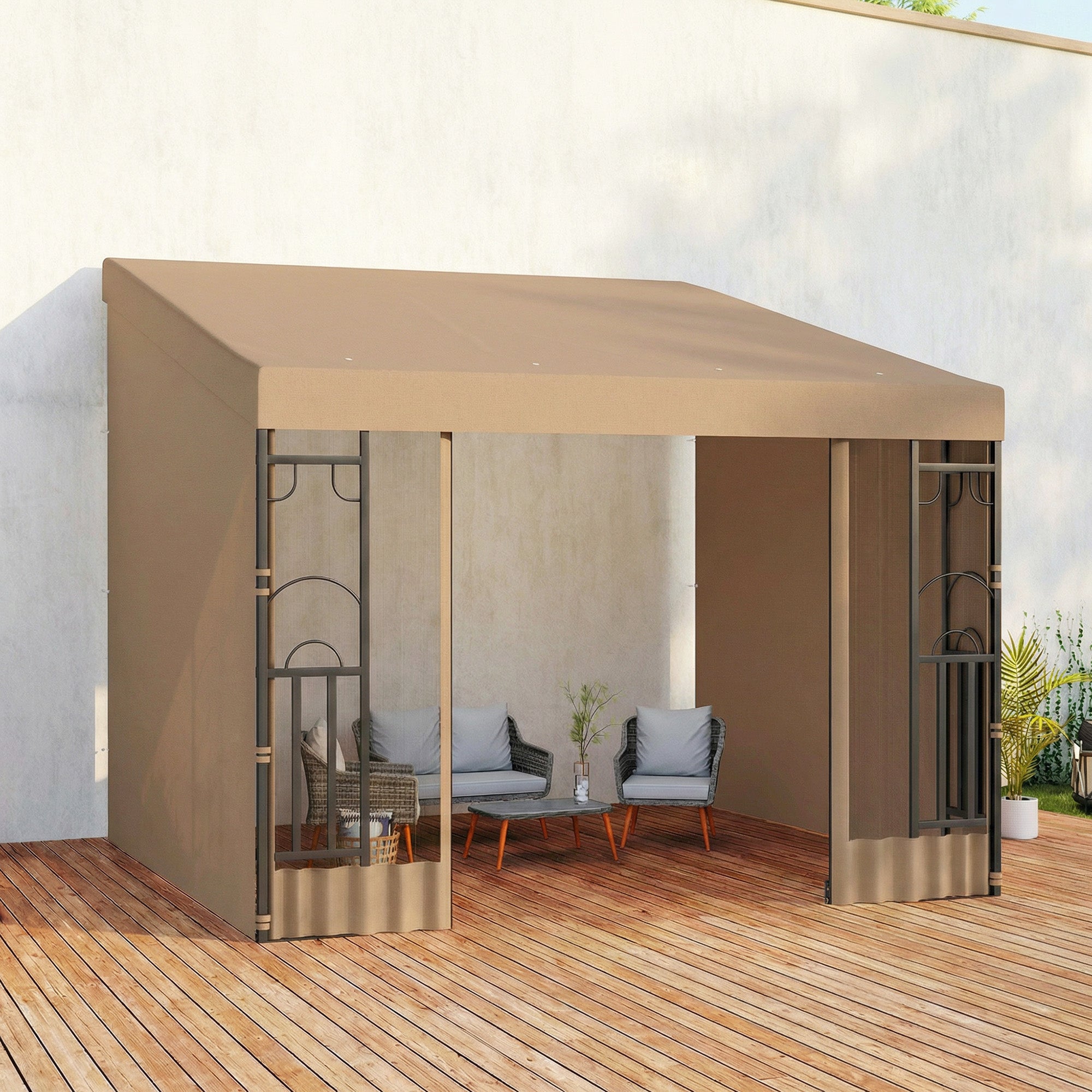 10' x 10' Wall Pergola with 2 Curtains and 2 Nettings UV Resistant Gazebo for Patio, Deck, Khaki