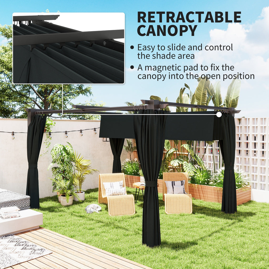 10' x 13' Pergola with Retractable Canopy and Curtains, UPF30+ Sun Shade Shelter for Grill, Garden, Backyard, Deck