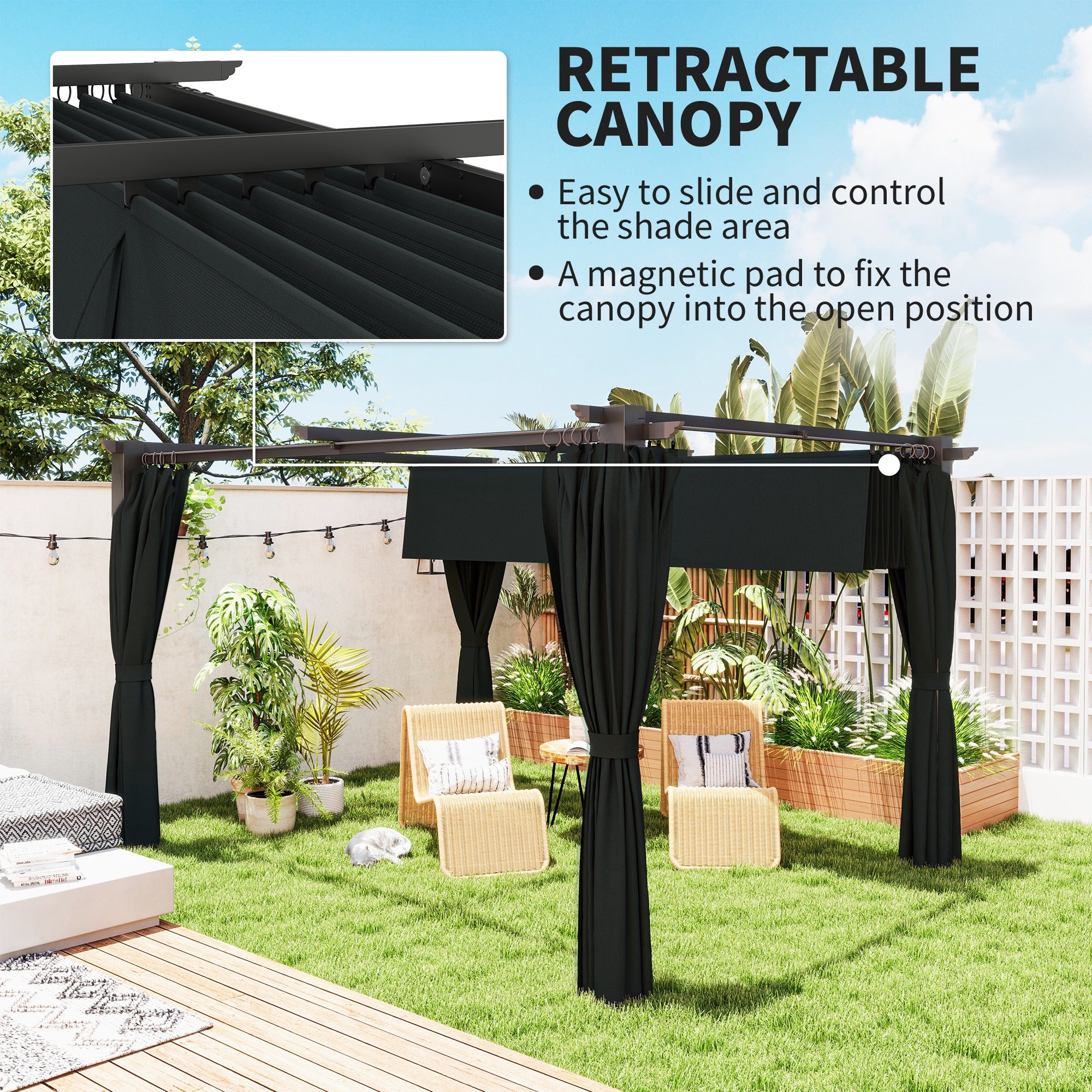 10' x 13' Pergola with Retractable Canopy and Curtains, UPF30+ Sun Shade Shelter for Grill, Garden, Backyard, Deck