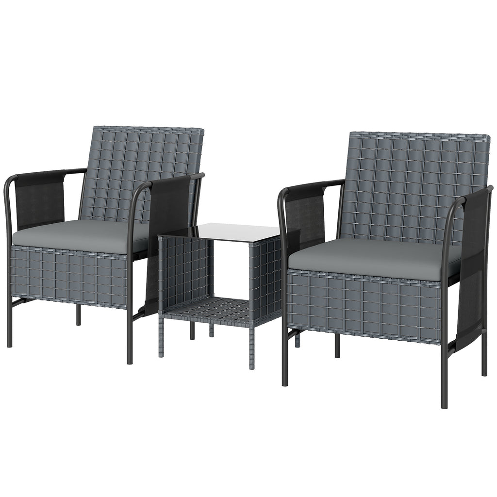3 Piece Wicker Patio Furniture Set, Outdoor Bistro Set, Side Pockets, Mesh Seat, 2 Tier Glass Table, Cushions, Black