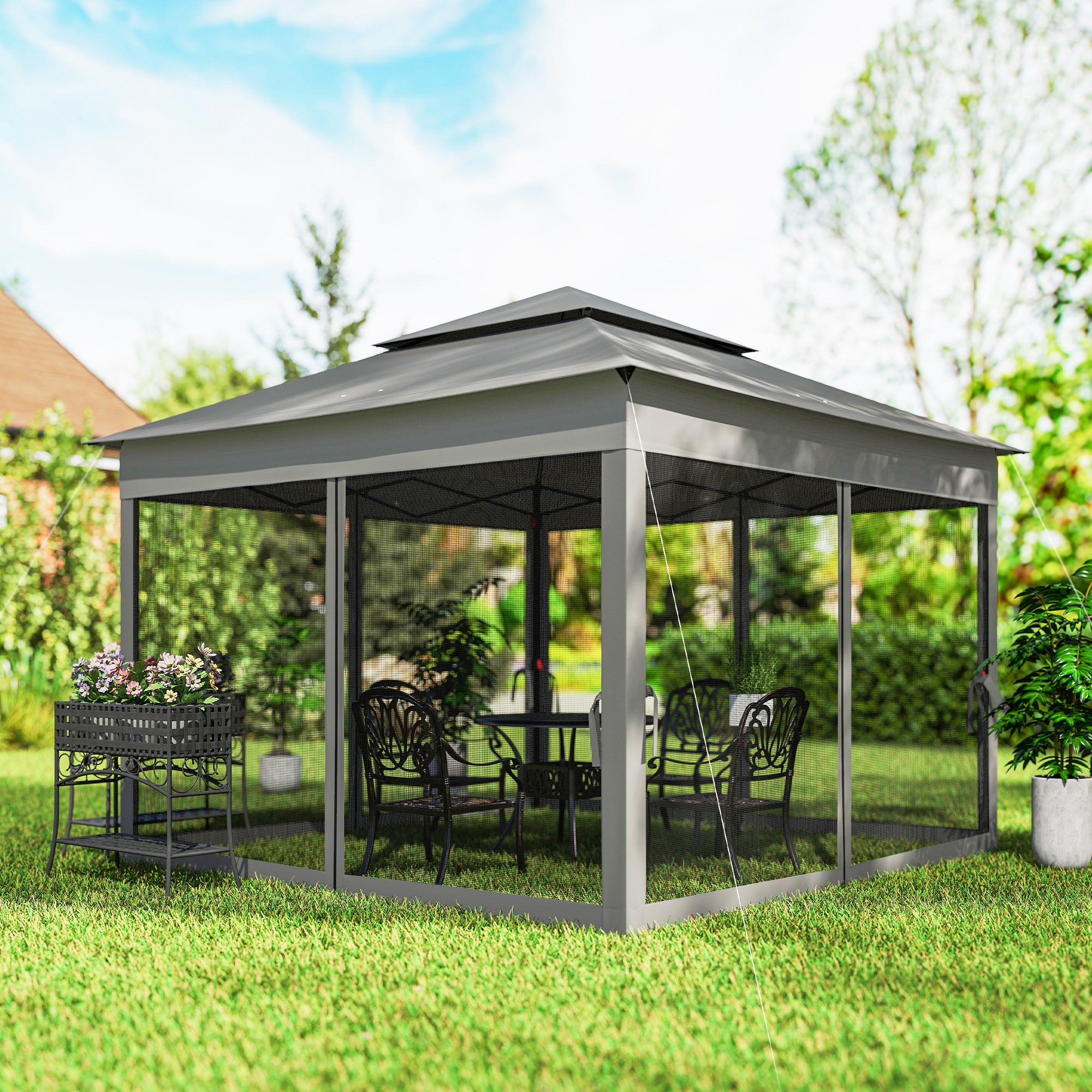 11' x 11' Pop Up Gazebo 2-Tier Soft Top Shelter Event Tent w/ Netting Carry Bag for Patio Backyard Garden, Dark Grey