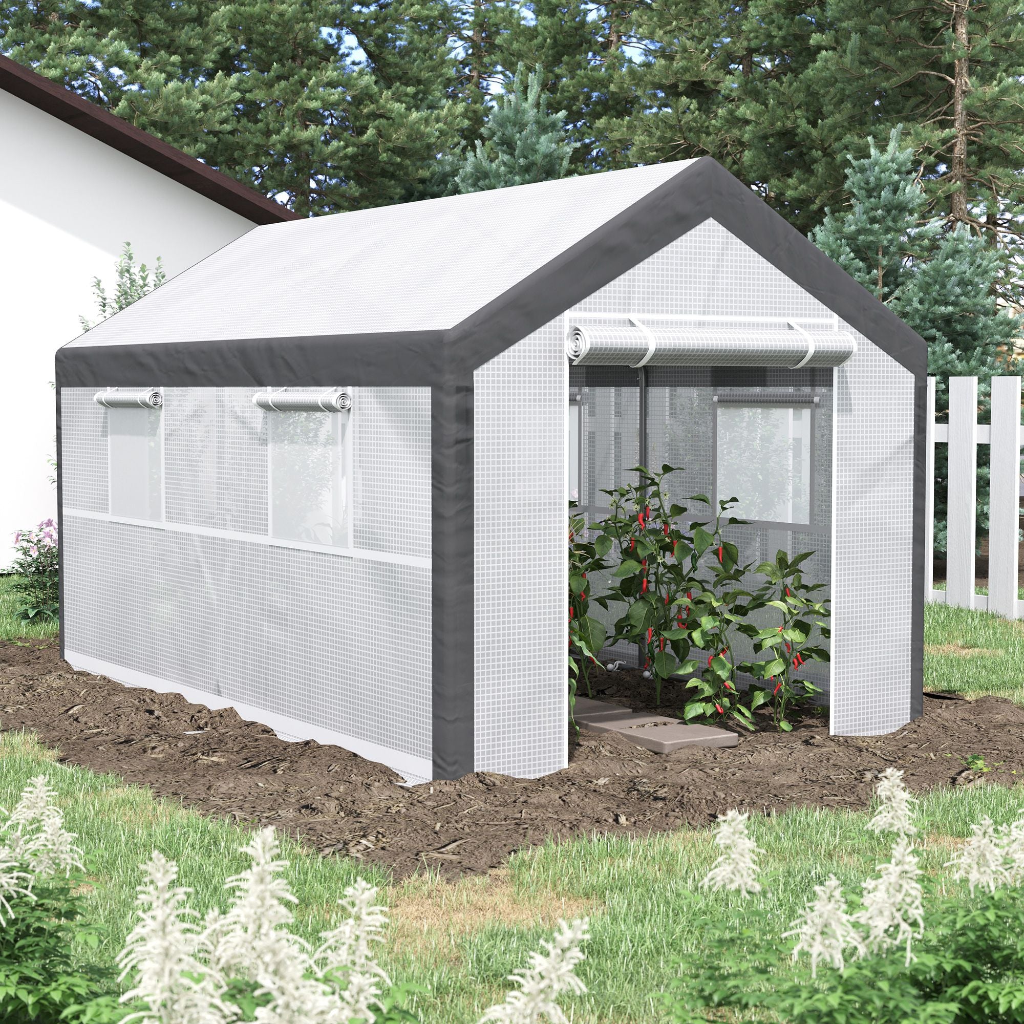 7' x 12' x 7' Heavy Duty Walk-In Greenhouse with Wind Resistance Level 4 & Ventilation Design, White