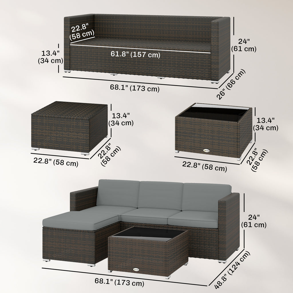 3 Pieces Patio Furniture Set with Cushions, Outdoor PE Rattan Wicker Conversation Corner Sofa Set with Glass Top Table