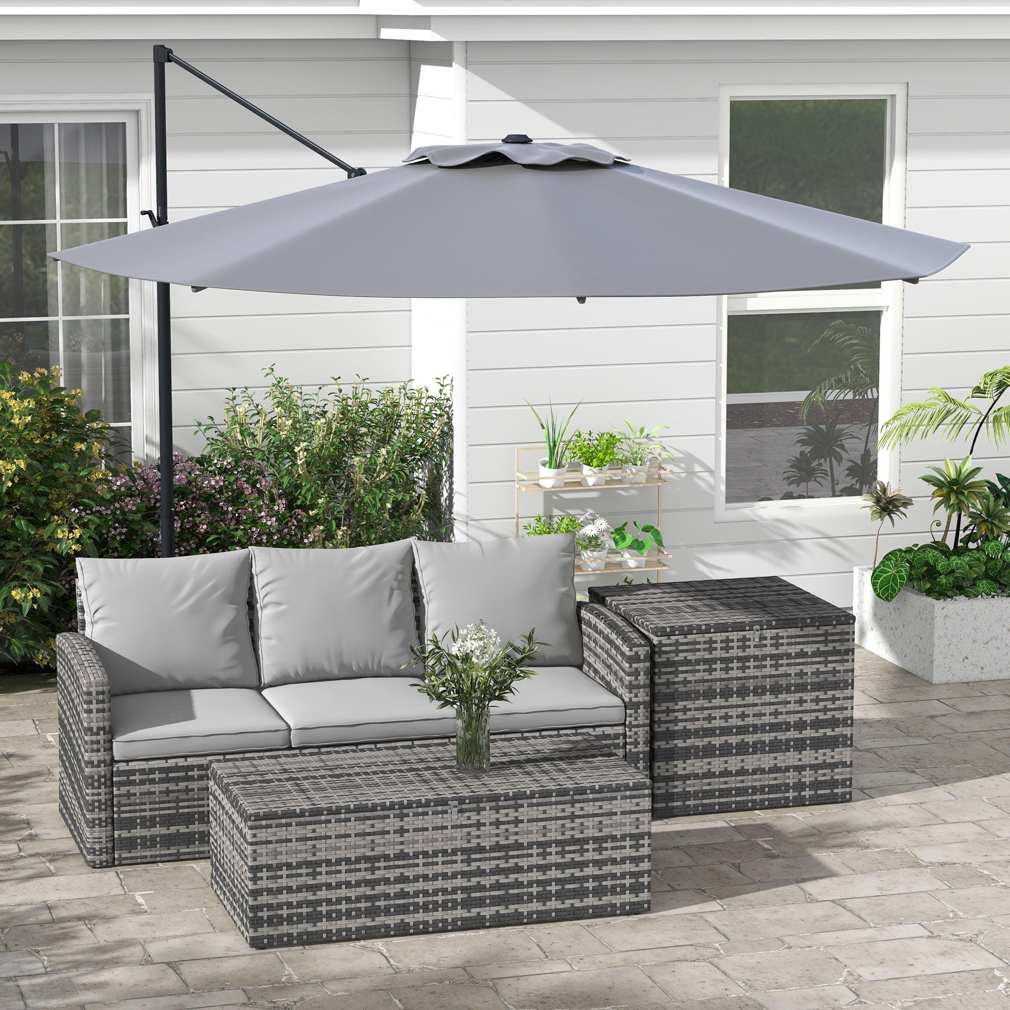 10 FT Cantilever Umbrella, Aluminum Hanging Offset Umbrella with 360Â°Rotation, Crank, Tilt, Cross Base, Grey