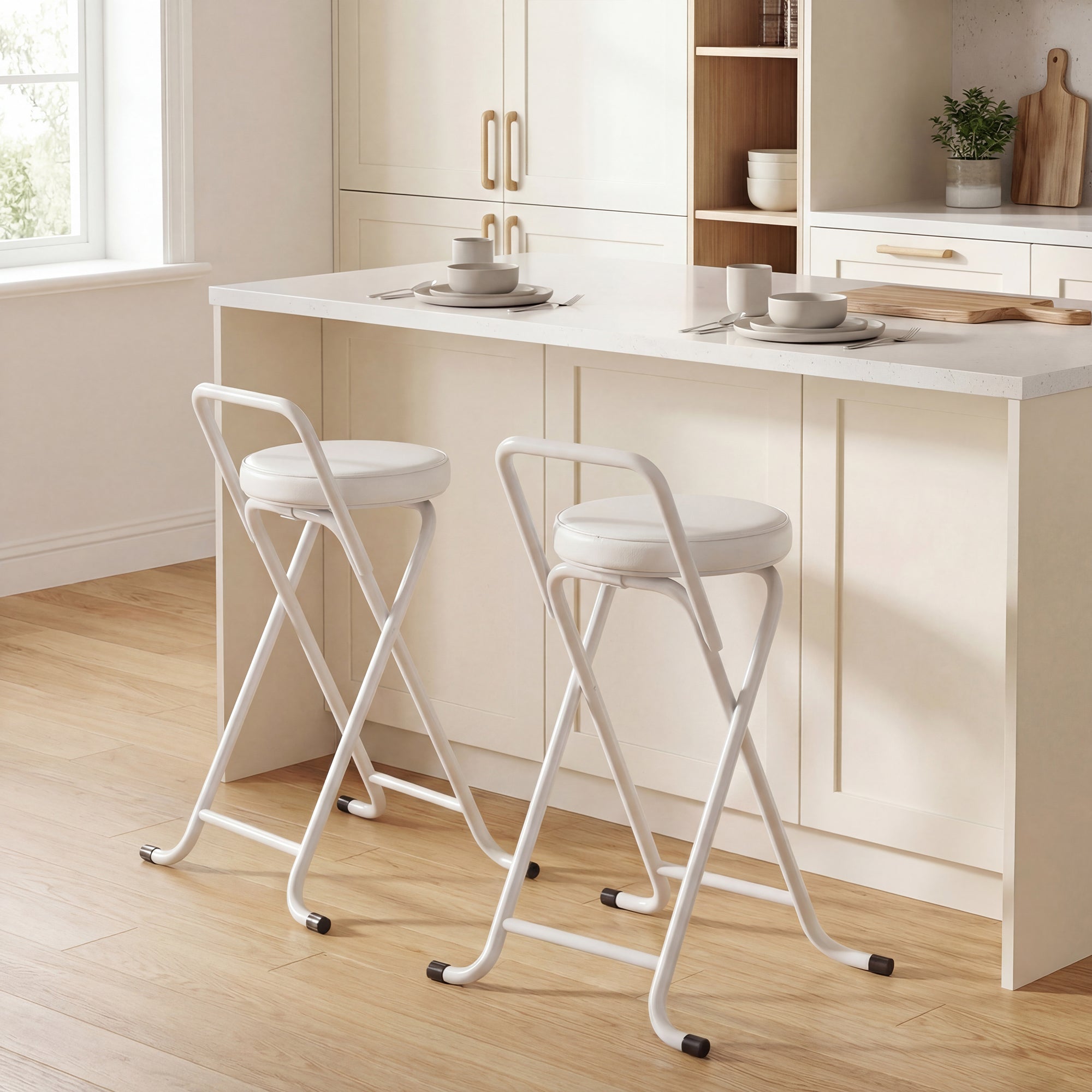 Foldable Bar Stools Set of 2, Folding Kitchen Chairs with PU Cushioned Seat, Footrest, White