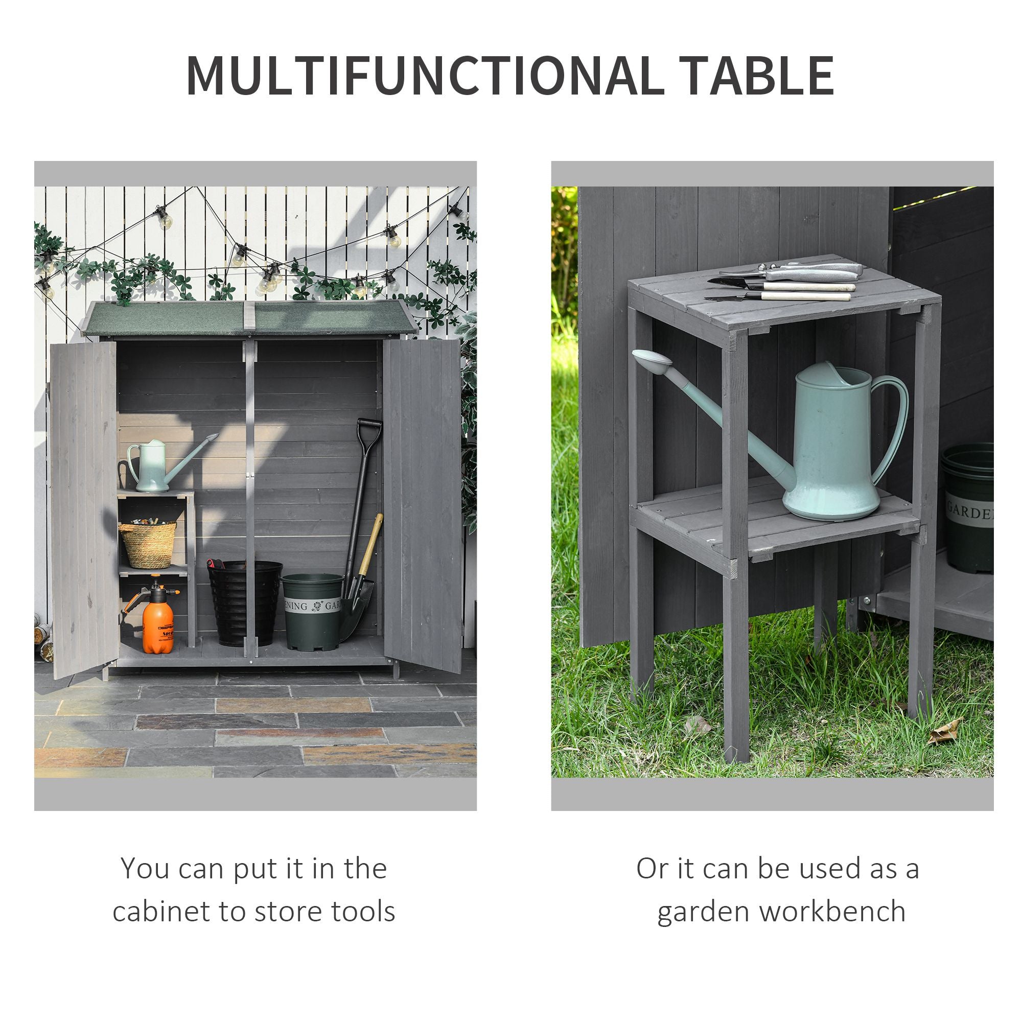Garden Storage Shed Asphalt Roof Wooden Timber Double Door Utility Storage House with Shelf, Green and Grey