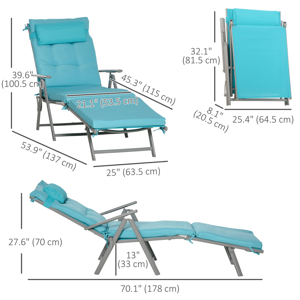 Lounge Chair Outdoor, Folding Patio Chaise Lounger, 360 lbs 7-Position Adjustable Back Outdoor Recliner with Cushion, Headrest for Garden, Backyard, Poolside, Blue
