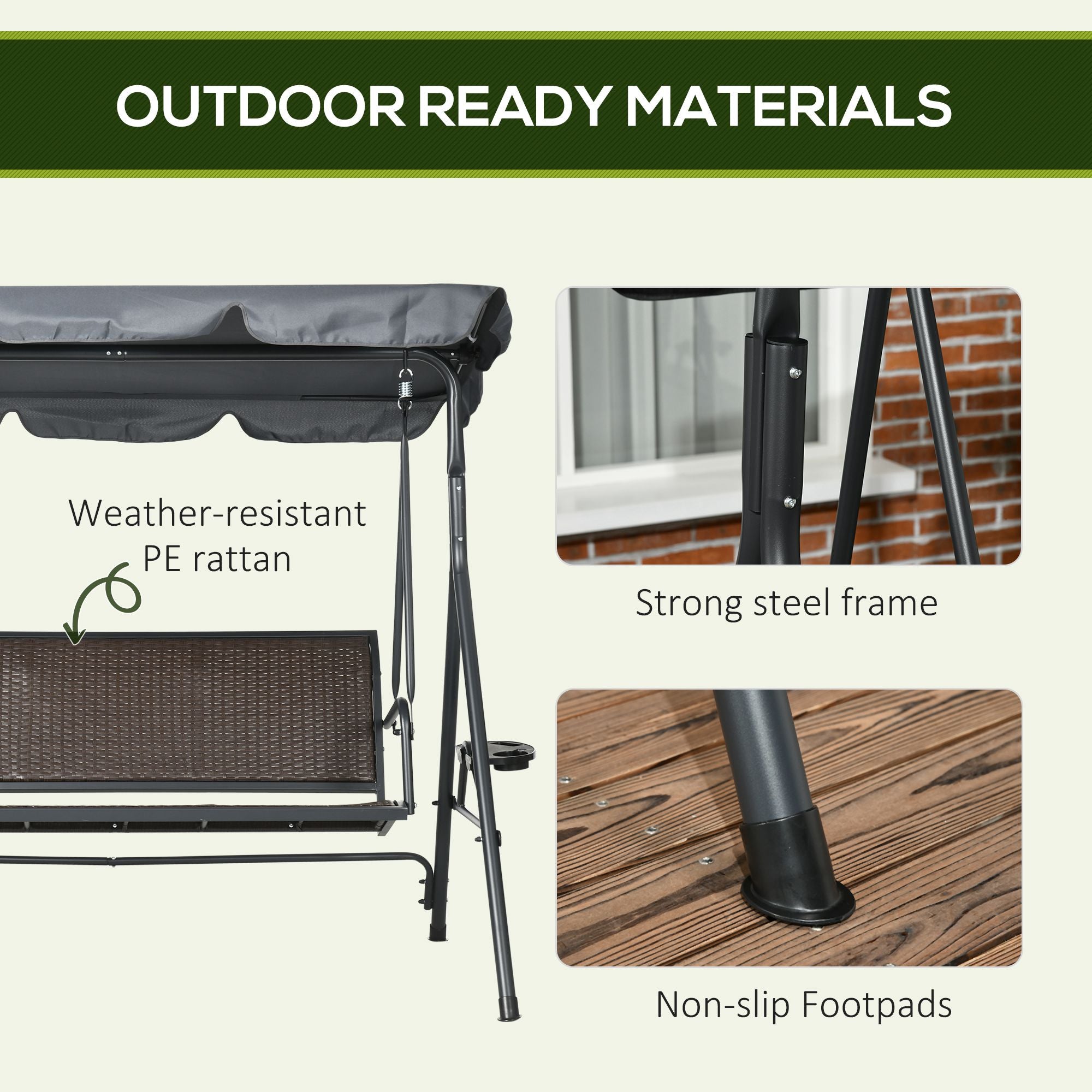 3-Seat Patio Swing Chair, Outdoor Canopy Swing Glider with Adjustable Shade, Rattan Seat and Steel Frame, for Porch, Garden, Poolside, Dark Grey