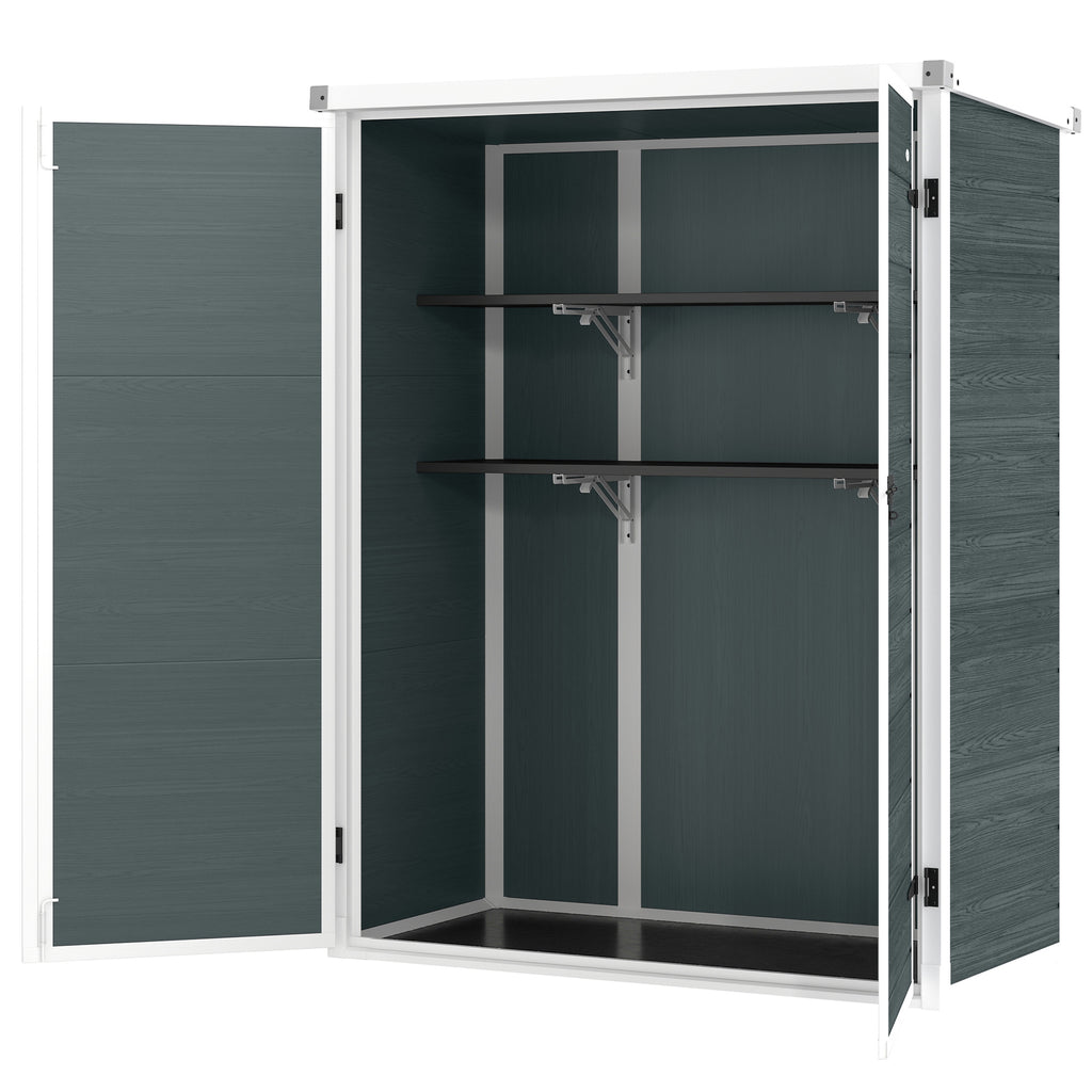 Outdoor 4.4' x 2.3' Plastic Storage Shed with Lockable Doors and Foldable Shelves, Wood-Effect Garden Shed, Grey