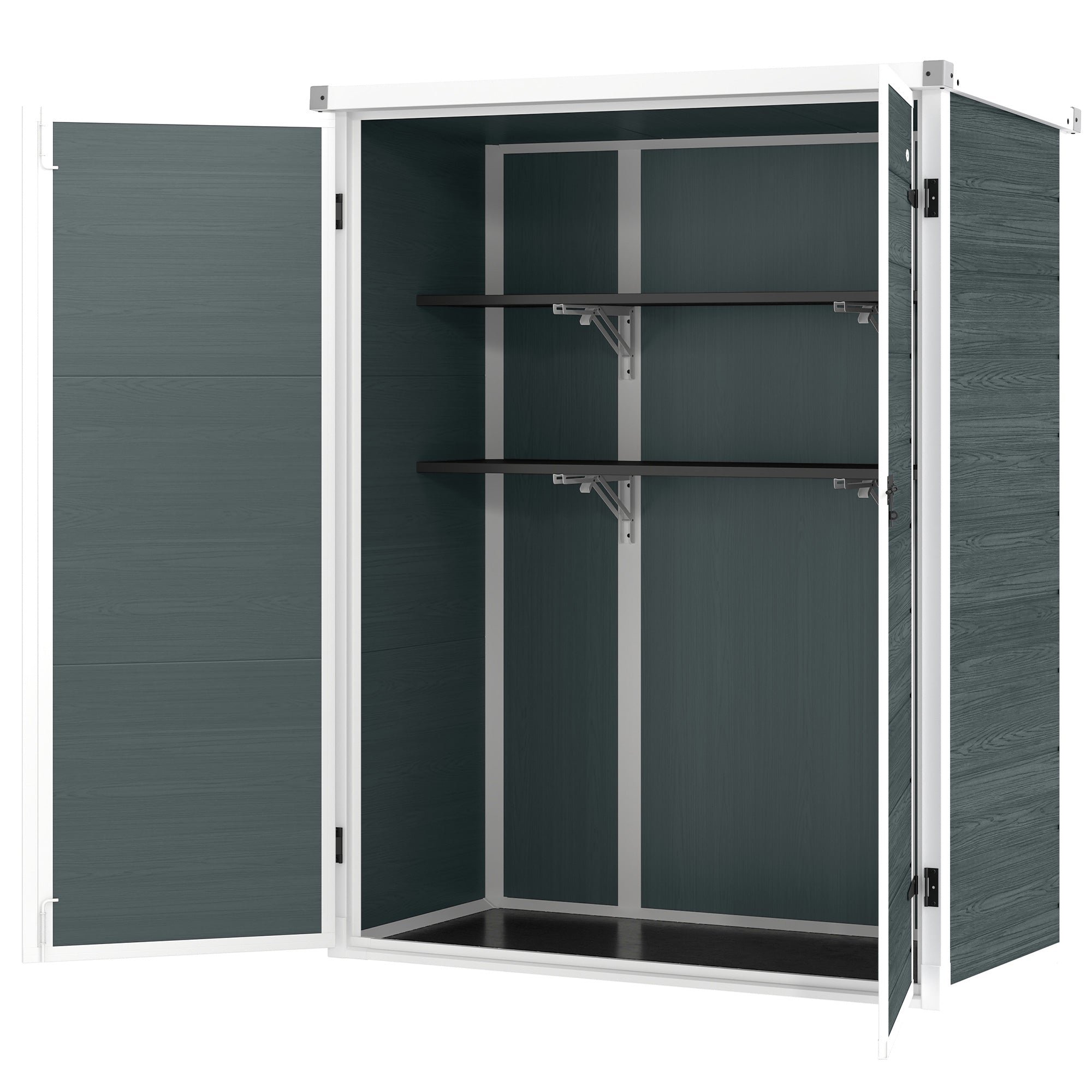 Outdoor 4.4' x 2.3' Plastic Storage Shed with Lockable Doors and Foldable Shelves, Wood-Effect Garden Shed, Grey