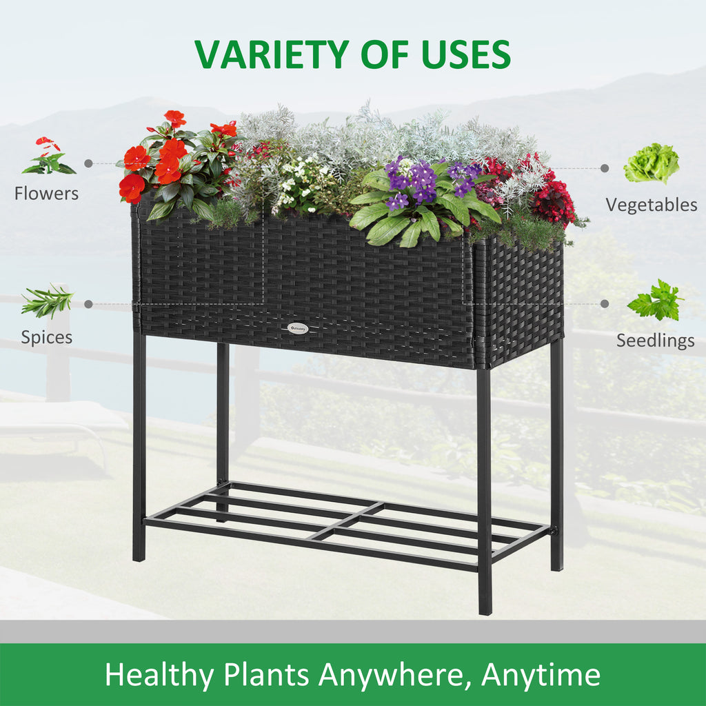 Rattan Raised Garden Boxes, Elevated Flower Beds with Storage Shelf for Herbs, Flowers, Vegetables, Black