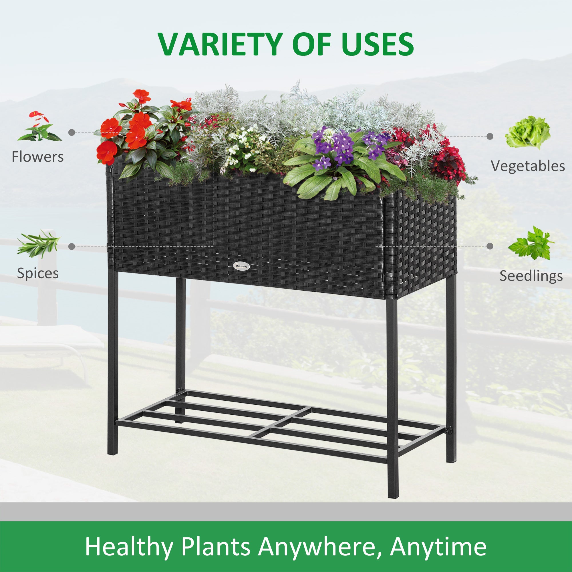 Rattan Raised Garden Boxes, Elevated Flower Beds with Storage Shelf for Herbs, Flowers, Vegetables, Black