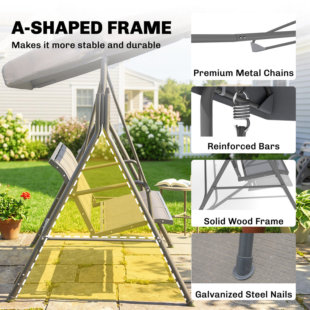 3-Seater Swing Chair Covered Garden Hammock A-Frame Outdoor Porch Glider Sling Seat with Adjustable Canopy Cover, Grey