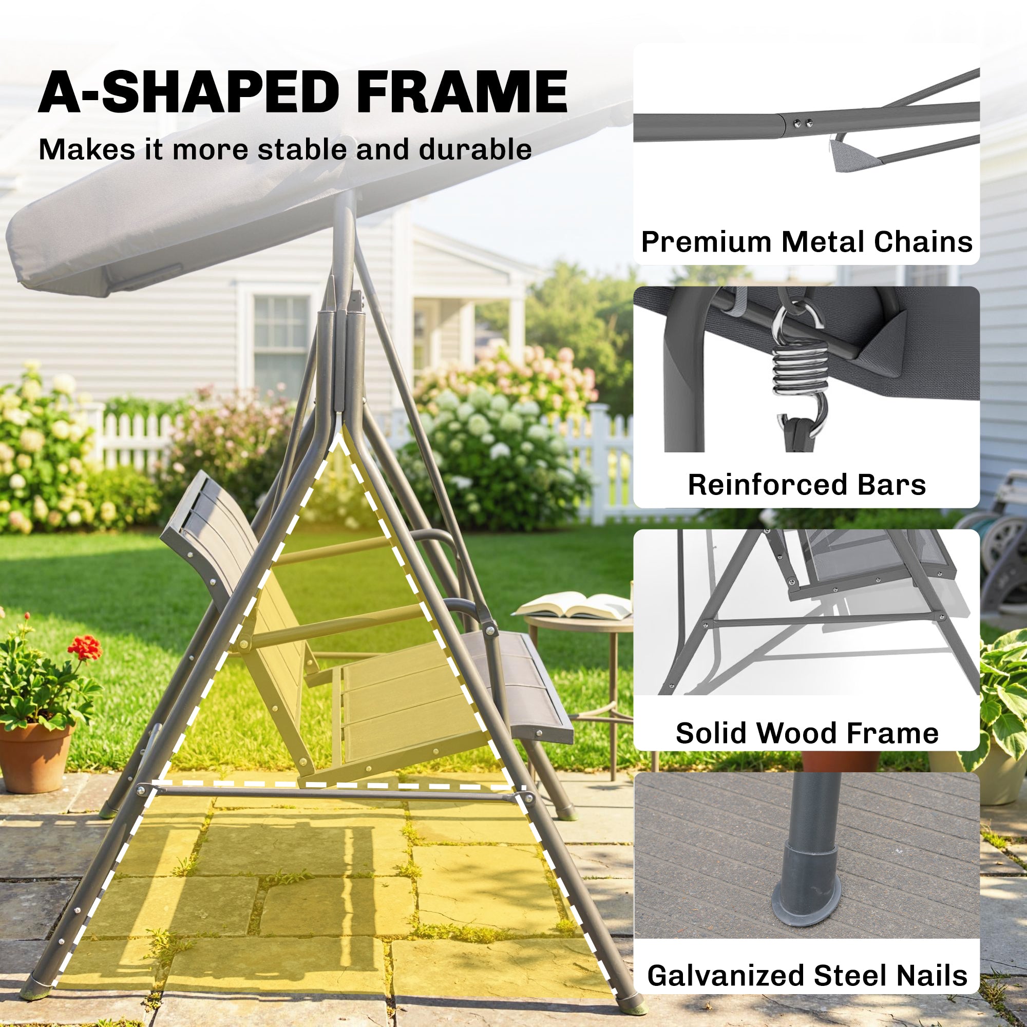 3-Seater Swing Chair Covered Garden Hammock A-Frame Outdoor Porch Glider Sling Seat with Adjustable Canopy Cover, Grey