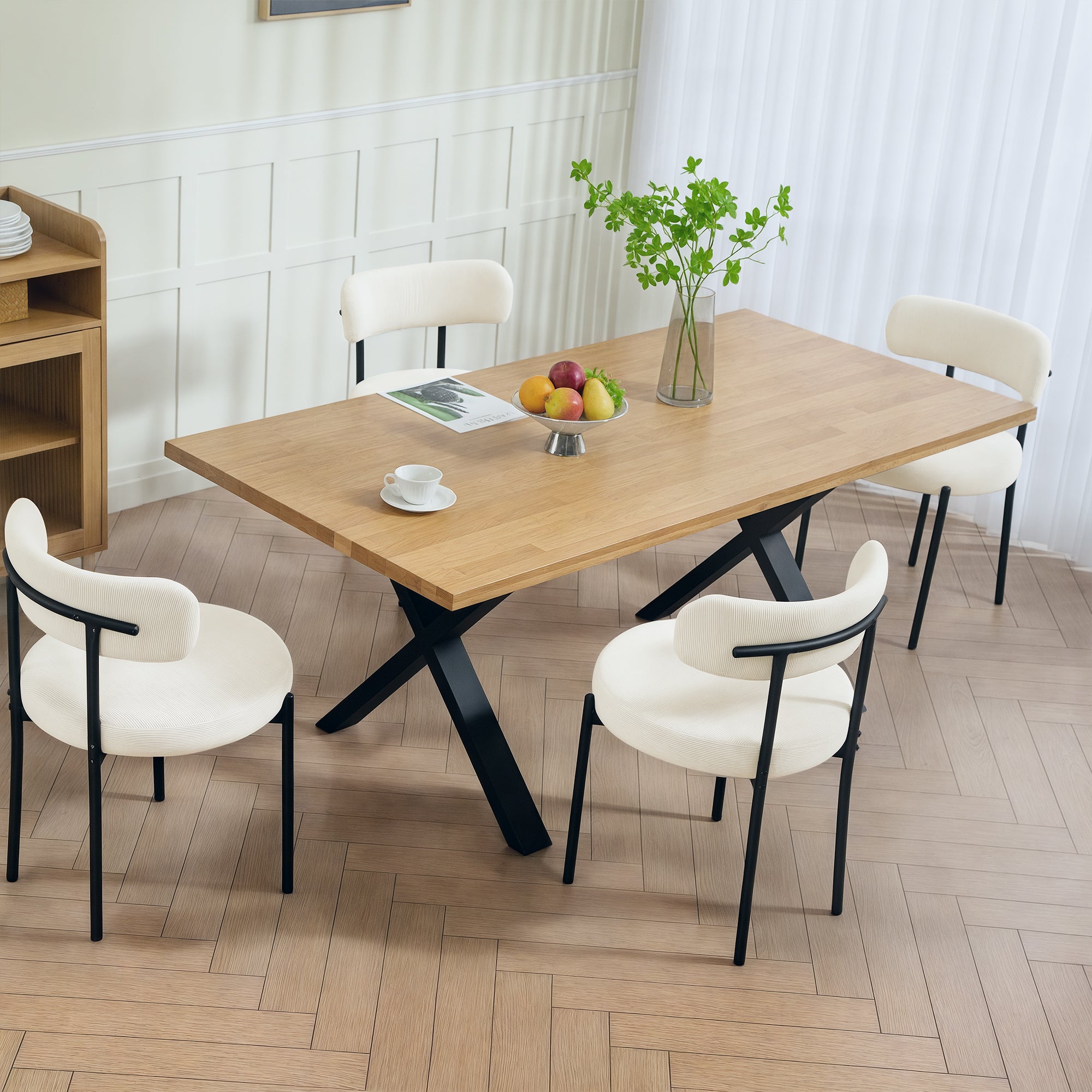 4 Pieces Kitchen Chairs, Modern Dining Chairs w/ Corduroy Upholstery and Steel Legs for Living Room, Beige