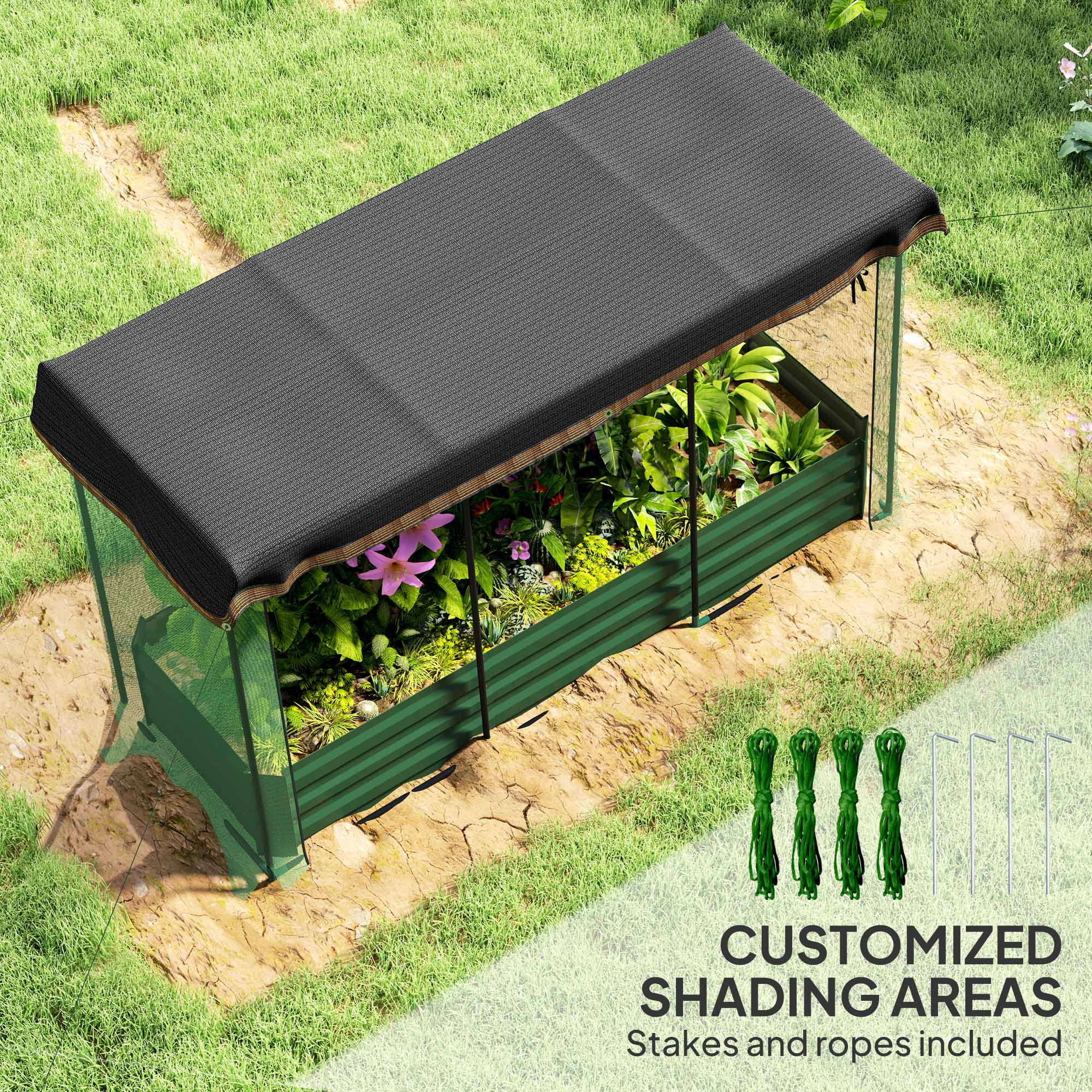 Galvanized Steel Planter Box with Crop Cage and Shade Cloth, Raised Garden Bed for Flowers, Vegs and Herbs