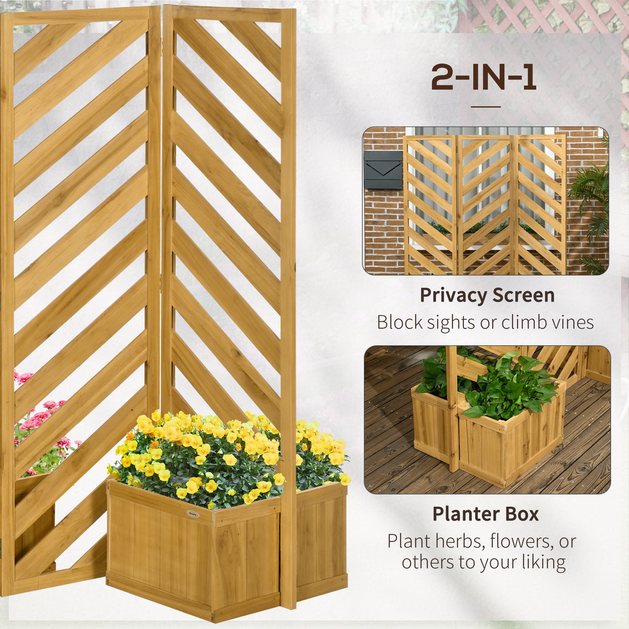 Backyard Privacy Screen - Folding 65" with Planters for Patio, Deck, and Backyard, Brown