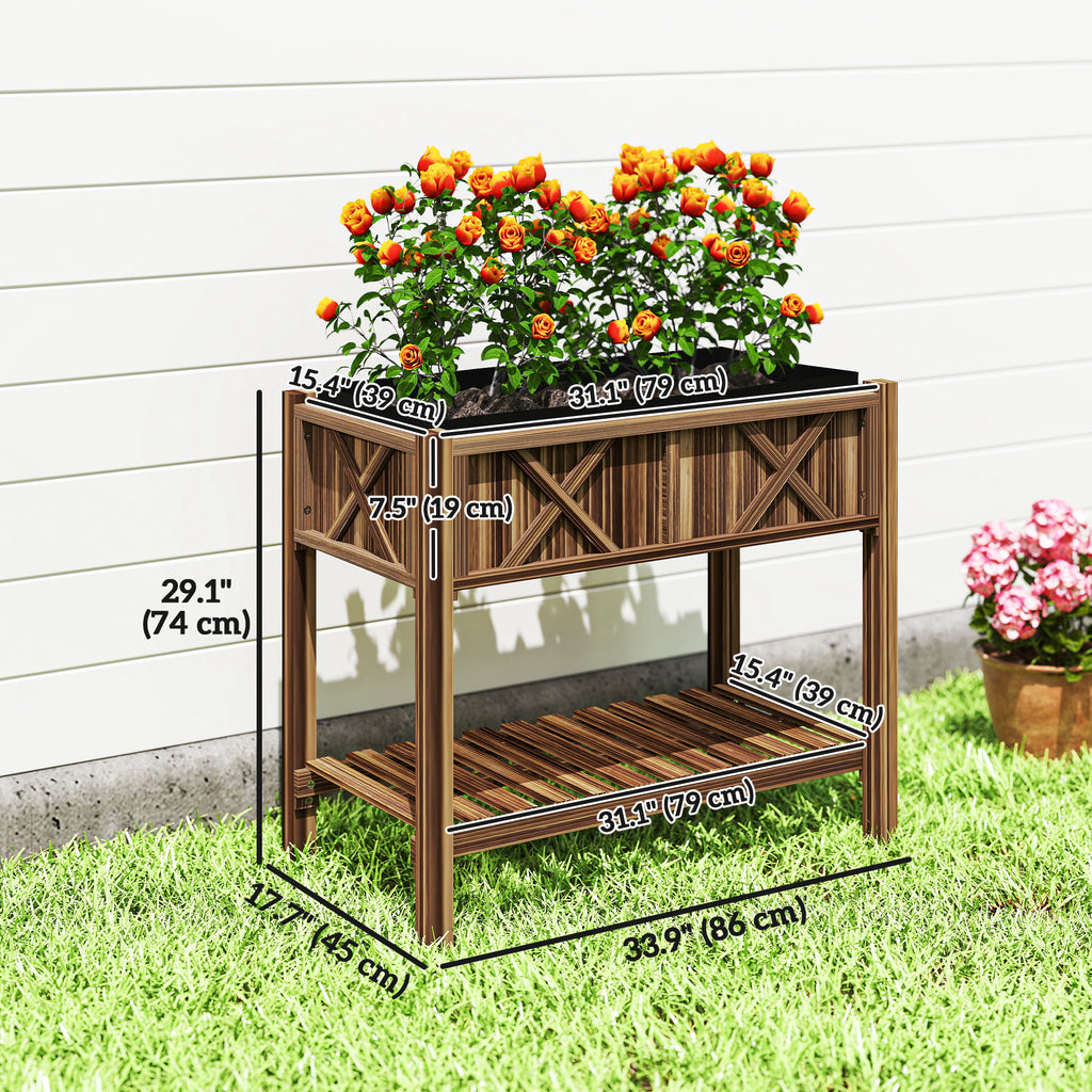 Wooden Raised Garden Bed, Elevated Planter Box with Storage Shelf, Drainage Holes and Liner, 34"x18"x30", Carbonized