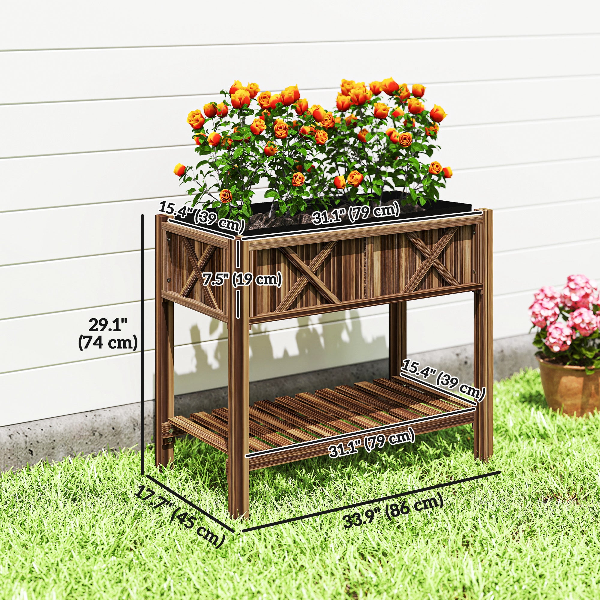 Wooden Raised Garden Bed, Elevated Planter Box with Storage Shelf, Drainage Holes and Liner, 34"x18"x30", Carbonized
