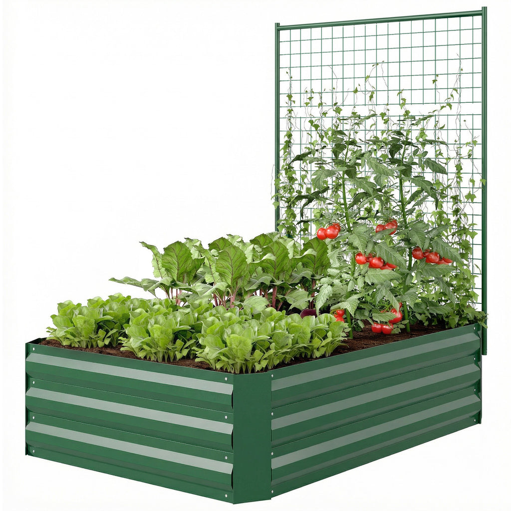 Galvanized Raised Garden Bed with Trellis for Climbing Plants, Outdoor Planter Box with Open Bottom, Green