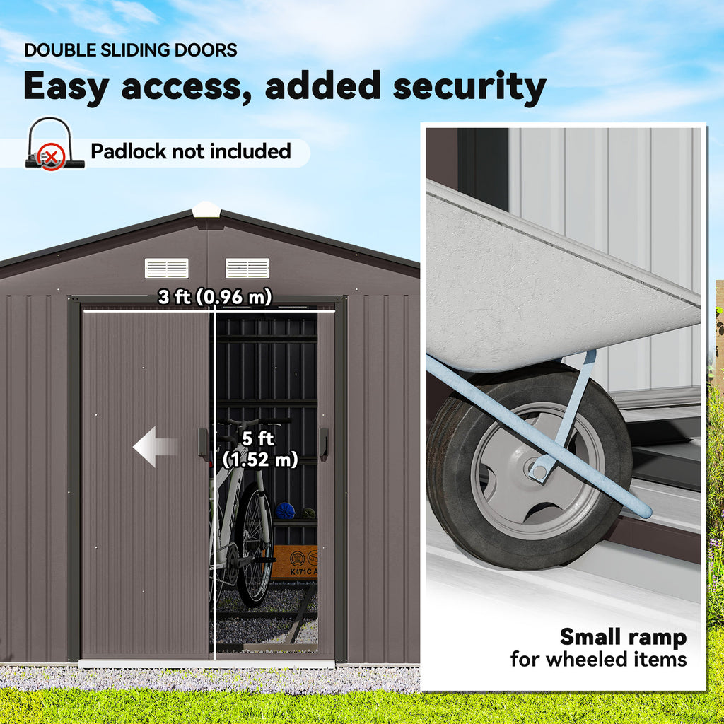 9' x 10.6' Garden Storage Shed w/ Foundation Kit Metal Tool Storage House w/ Double Doors Brown