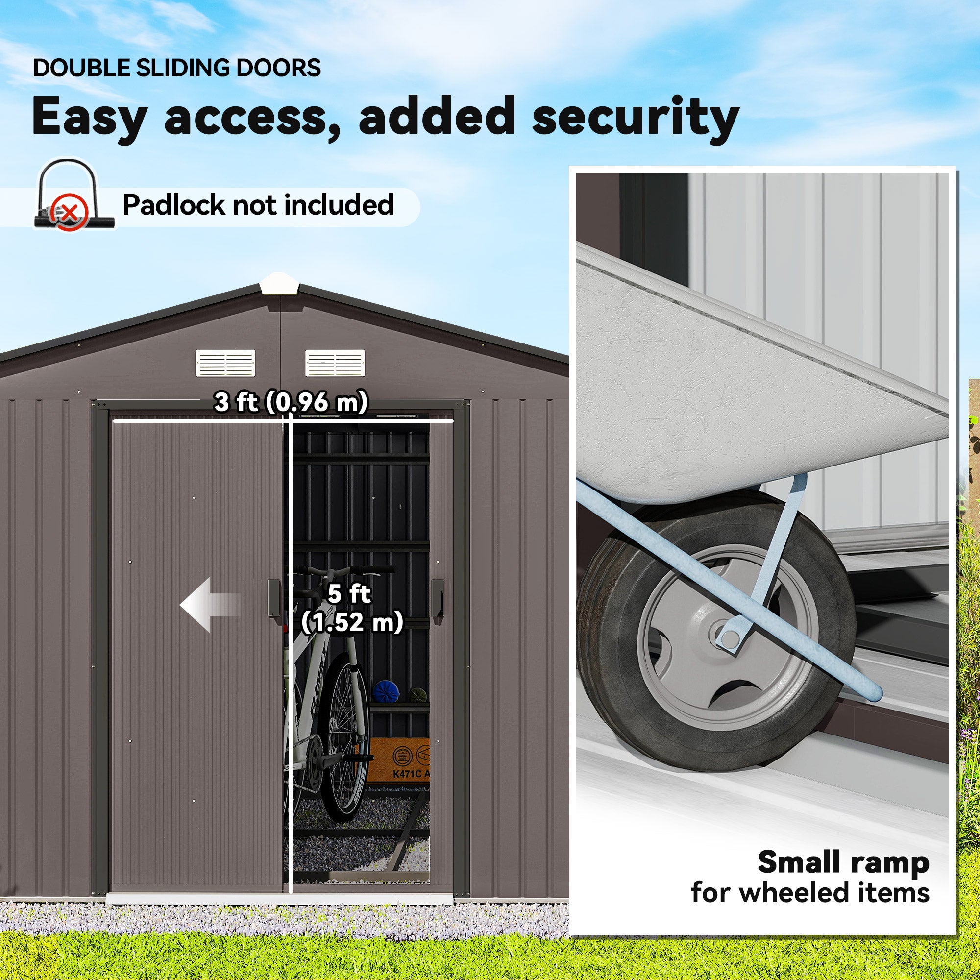 9' x 10.6' Garden Storage Shed w/ Foundation Kit Metal Tool Storage House w/ Double Doors Brown