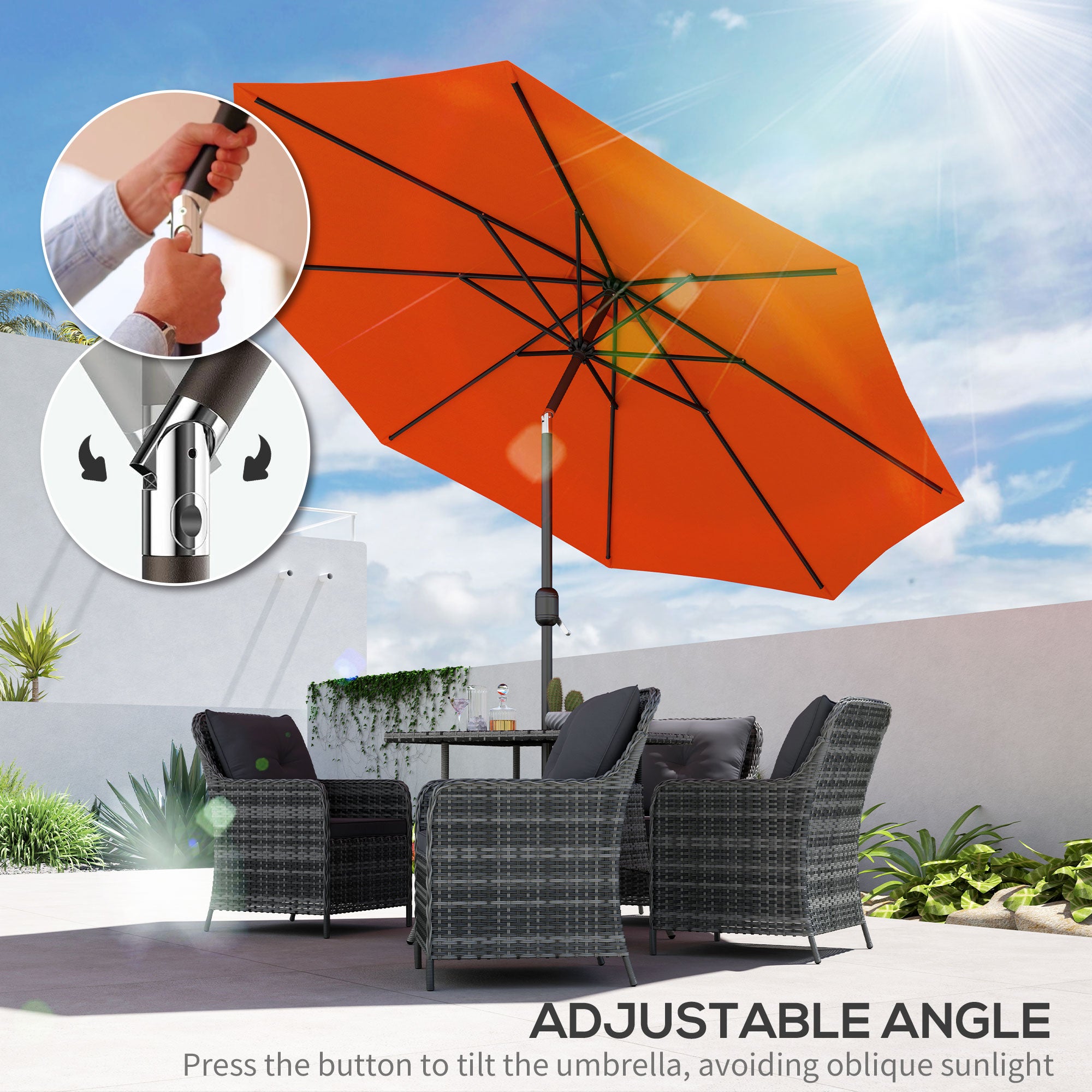 10' x 8' Round Market Umbrella, Patio Umbrella with Crank Handle and Tilt, Outdoor Parasol for Garden, Orange