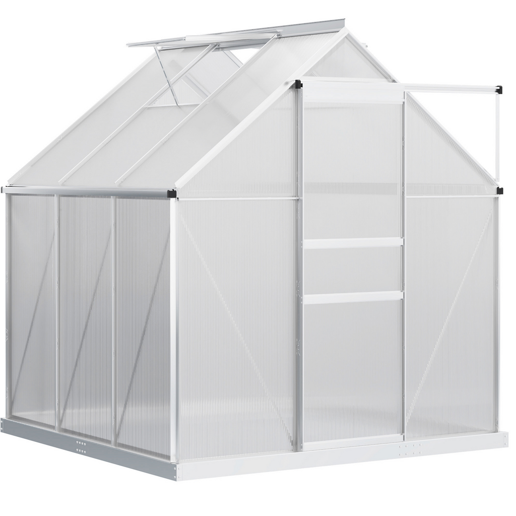 6' x 6' x 6.5' Polycarbonate Greenhouse, Walk-in Green House with Adjustable Roof Vent, Galvanized Base, Sliding Door and Rain Gutter for Outdoor, Garden, Backyard, Clear