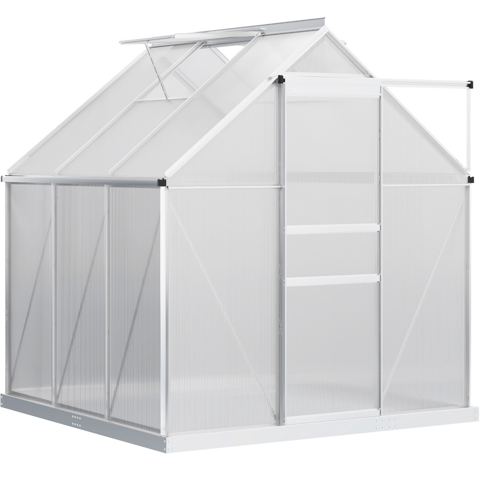 6' x 6' x 6.5' Polycarbonate Greenhouse, Walk-in Green House with Adjustable Roof Vent, Galvanized Base, Sliding Door and Rain Gutter for Outdoor, Garden, Backyard, Clear
