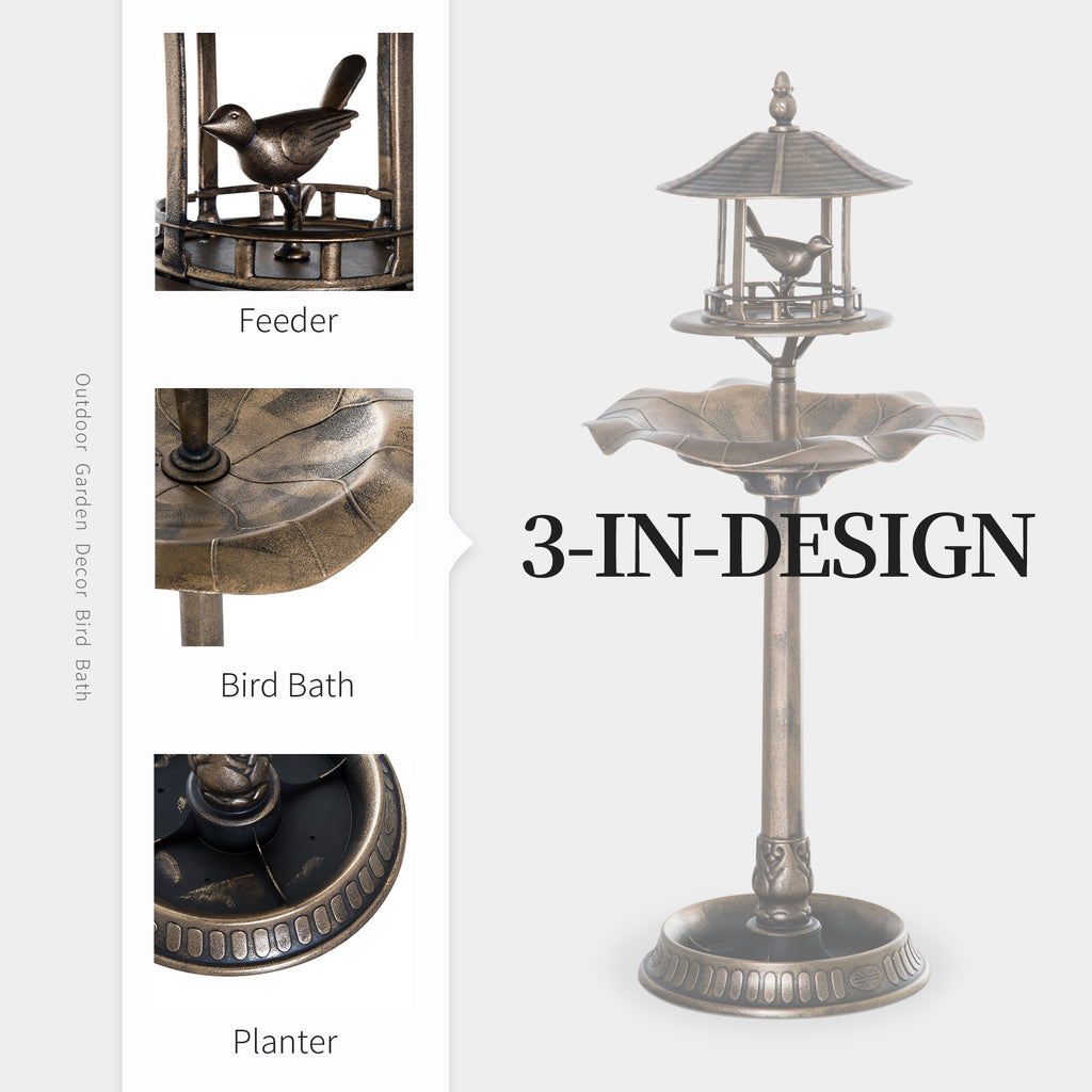 3-in-1 Garden Bird Bath Bowl Pedastal with Bird Feeder, Large Water Basin, & Underneath Flower Planter, Gold