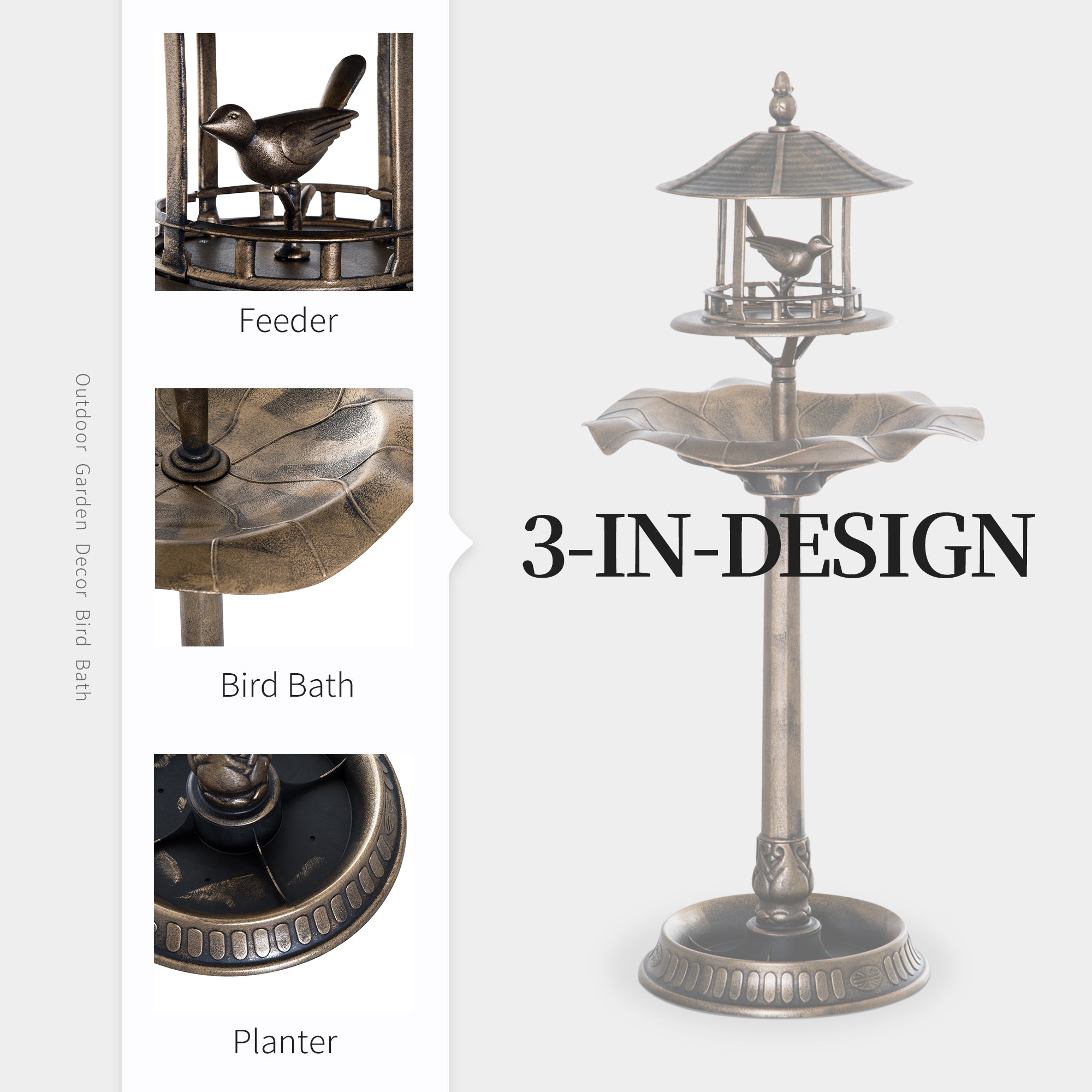 3-in-1 Garden Bird Bath Bowl Pedastal with Bird Feeder, Large Water Basin, & Underneath Flower Planter, Gold