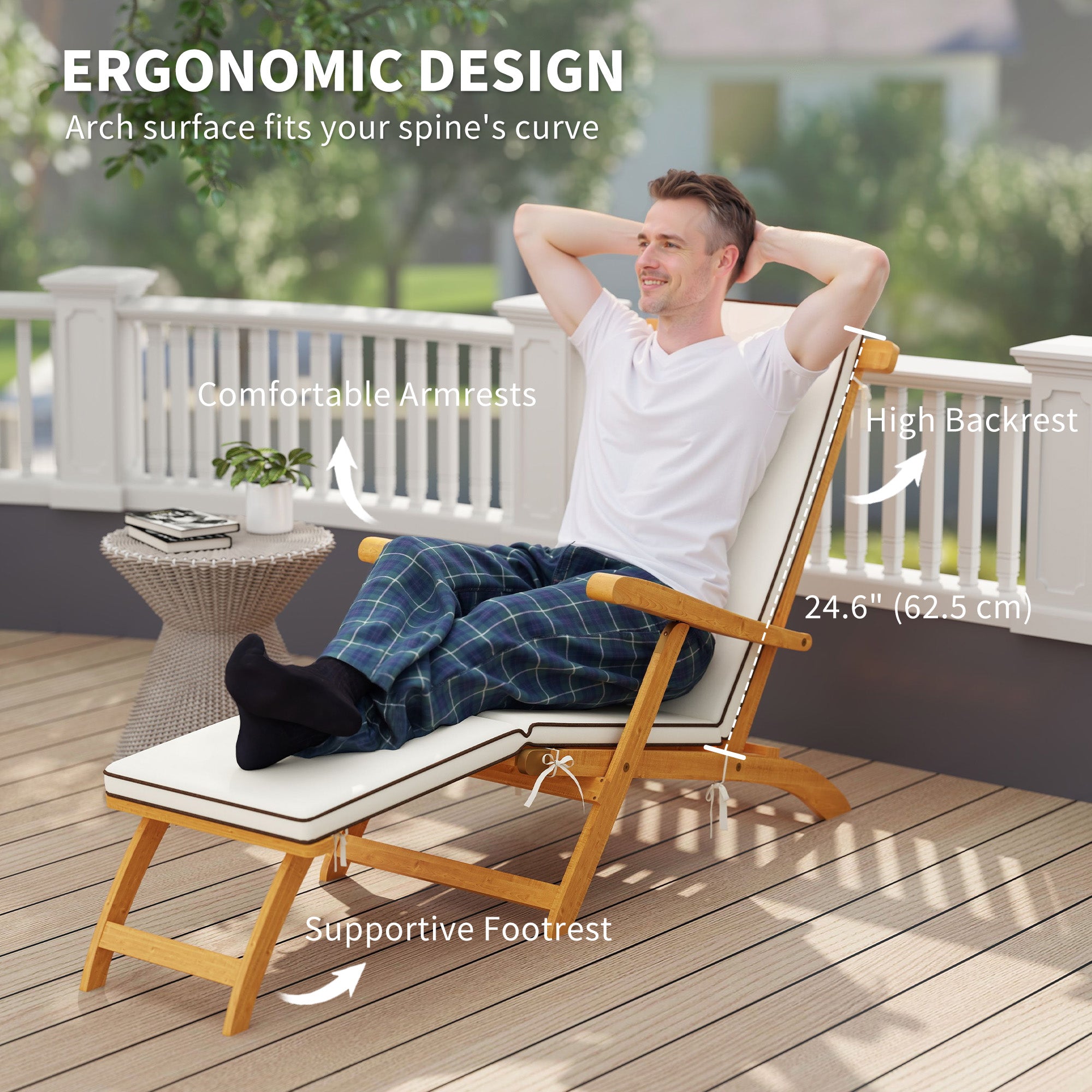 Folding Patio Lounge Chair with Padded Cushion, Acacia Wood Patio Lounger Recliner with Footrest for Garden, White