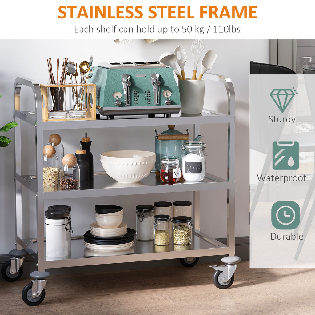 35.6" 3-Tier Kitchen Trolley Medical Treatment Laboratory Equipment Carts, Stainless Steel Rolling Kitchen Island, Wheeled Storage Utility Serving Cart, 330LBS Heavy Gauge